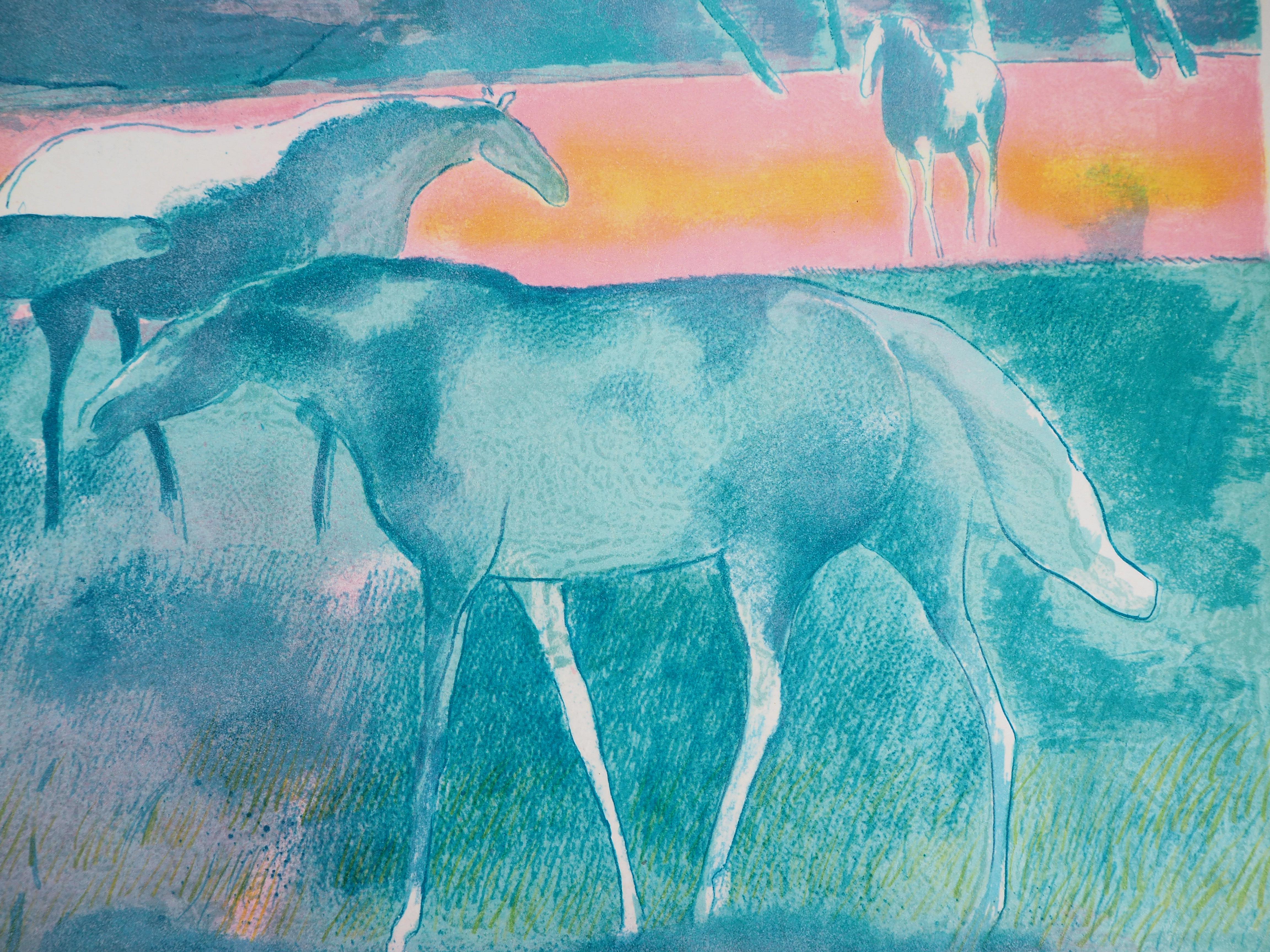 Horses at sunset - Original lithograph, Handsigned - Blue Animal Painting by Paul Guiramand