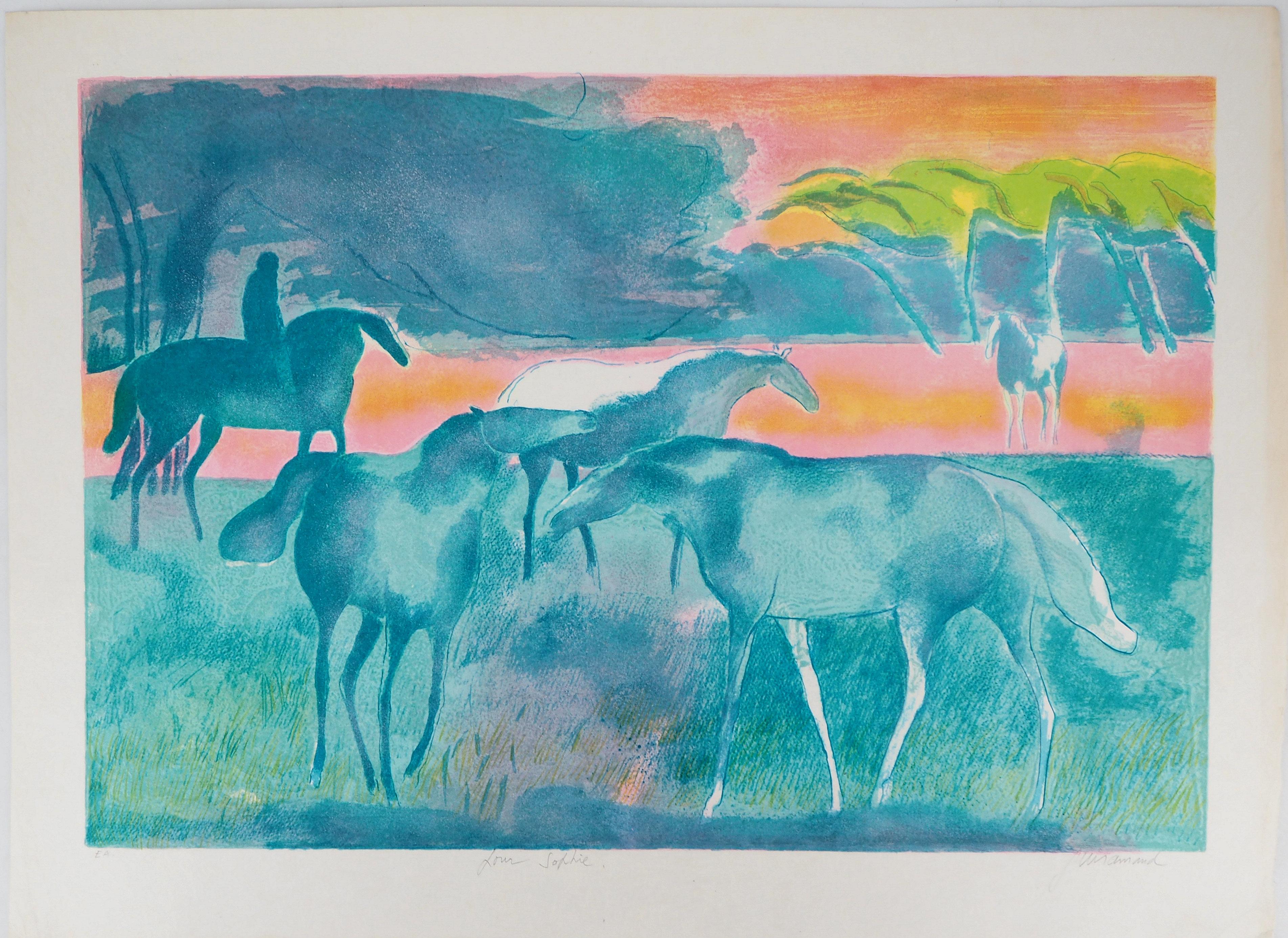 Paul Guiramand Animal Painting - Horses at sunset - Original lithograph, Handsigned