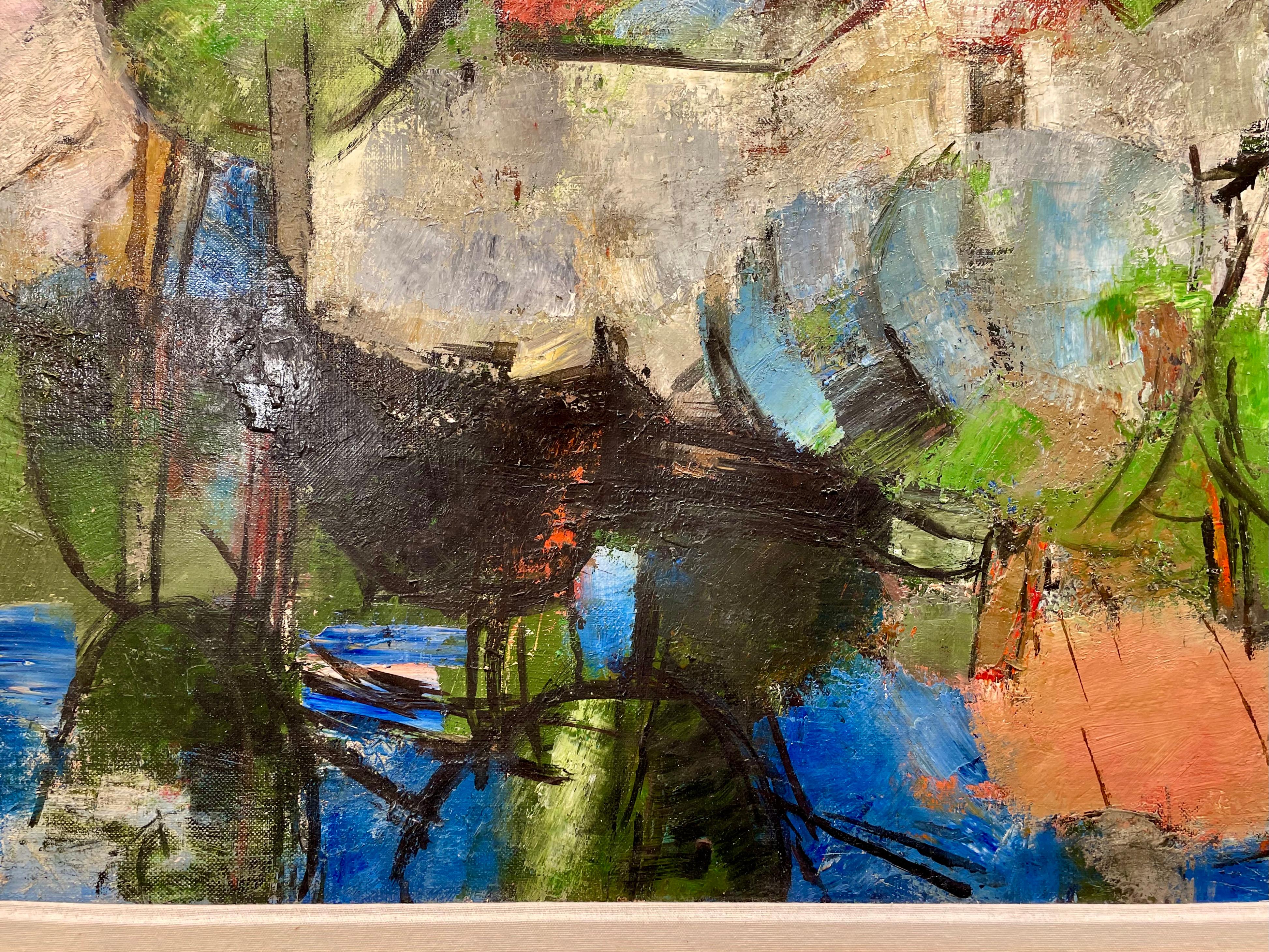 Paul Guiramand (Französisch 1926-2007)  Abstraktes Gemälde eines Hauses an einem See. Öl auf Leinwand.  Ausdrucksstarke Blautöne des Wassers und des Himmels mit Grüntönen, Rottönen, Brauntönen und gebrochenen Weißtönen, die die Bäume und Häuser