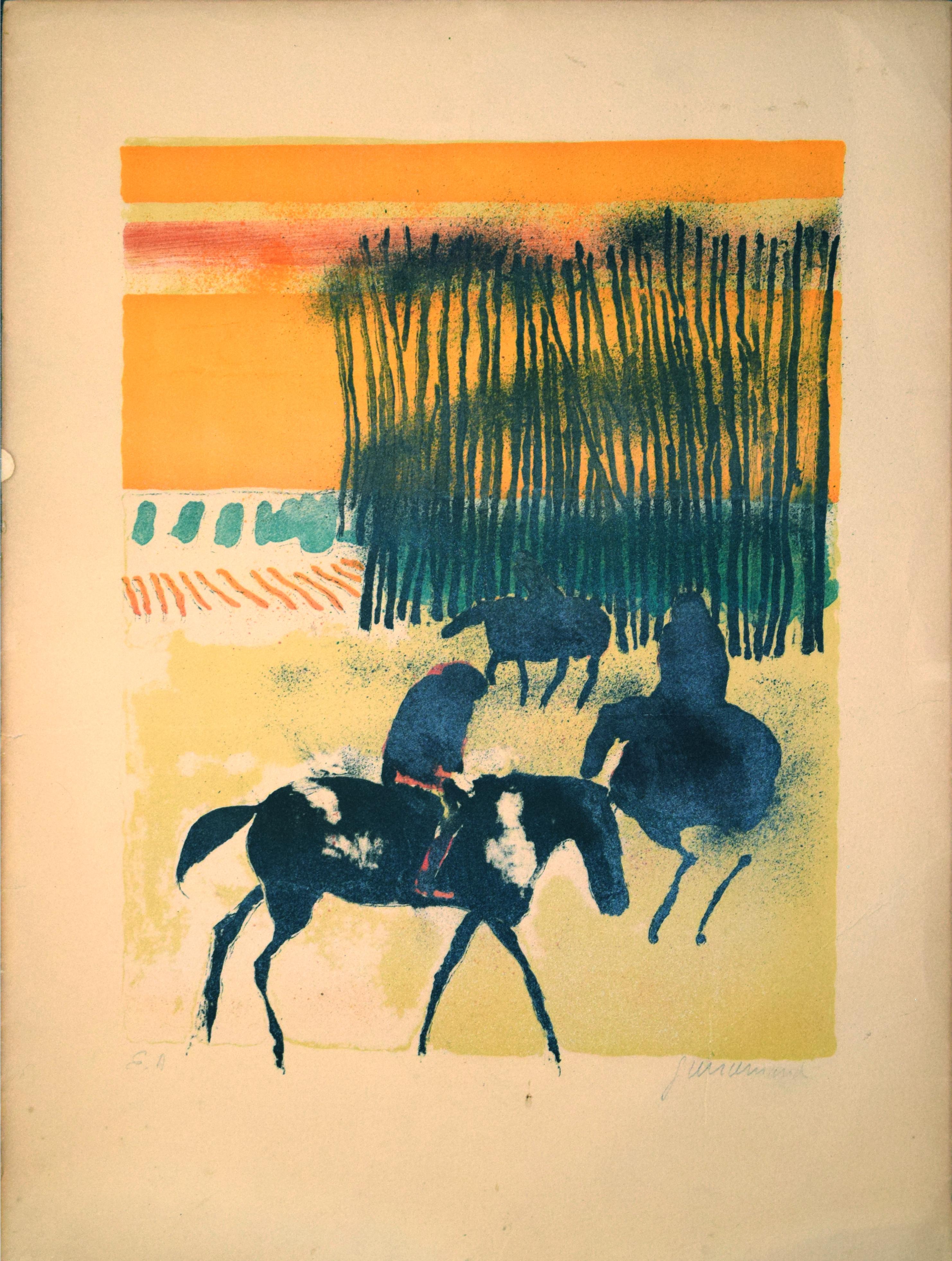 Horses in the Sun is an original artwork realized by Paul Guiramand in the first half of the XX century. Lithograph on paper. 

Hand-signed in pencil on the lower right corner.

Fair conditions.

The artwork represents an abstract landscape with two