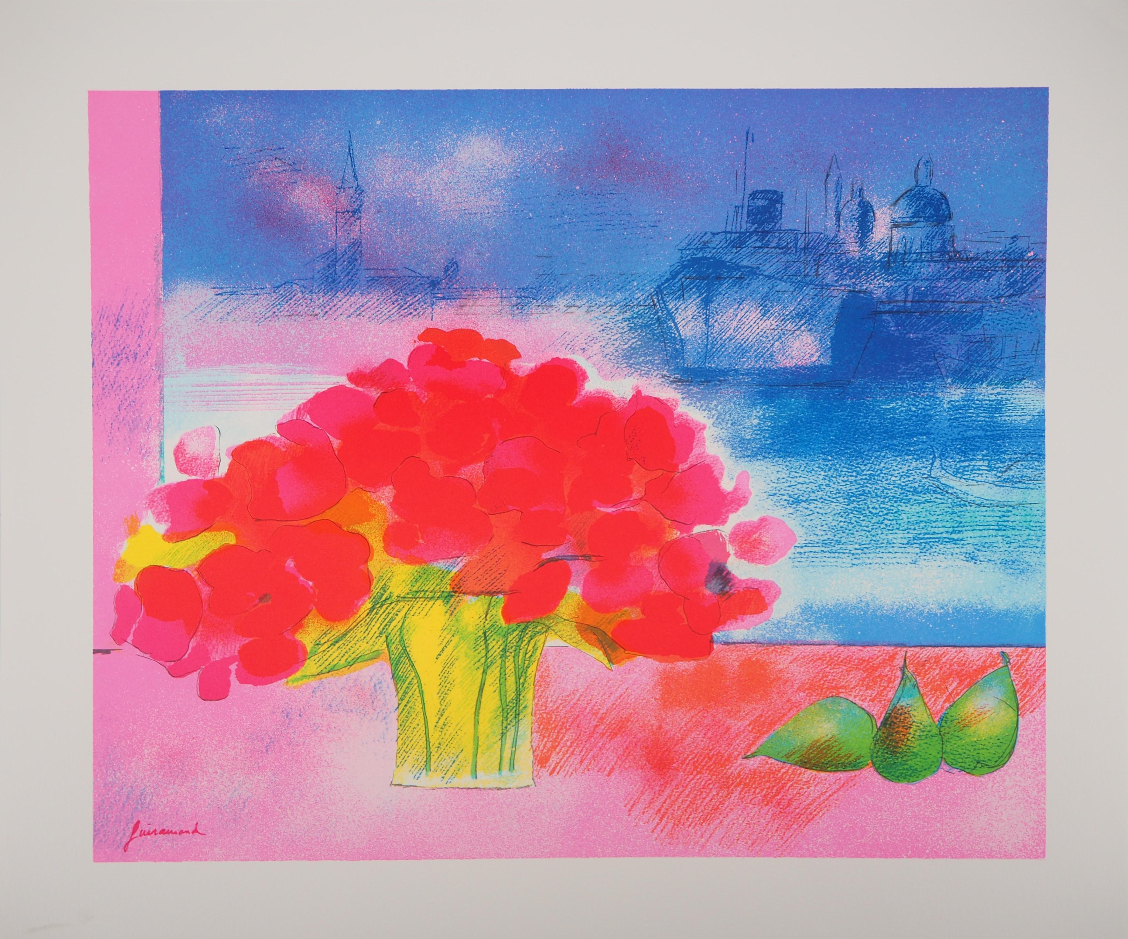 Italy : Venice, San Giorgio with Red Flowers - Original lithograph