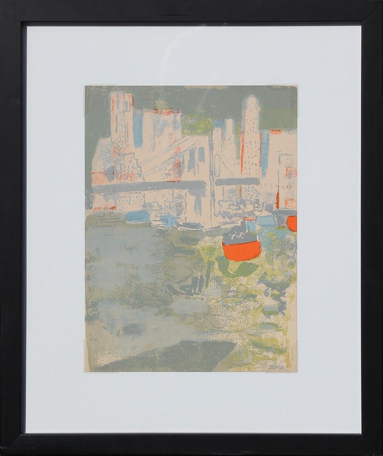 Paul Guiramand Landscape Print - "Le Port de New York" Green & Orange Abstract Lithograph of a New York City Port
