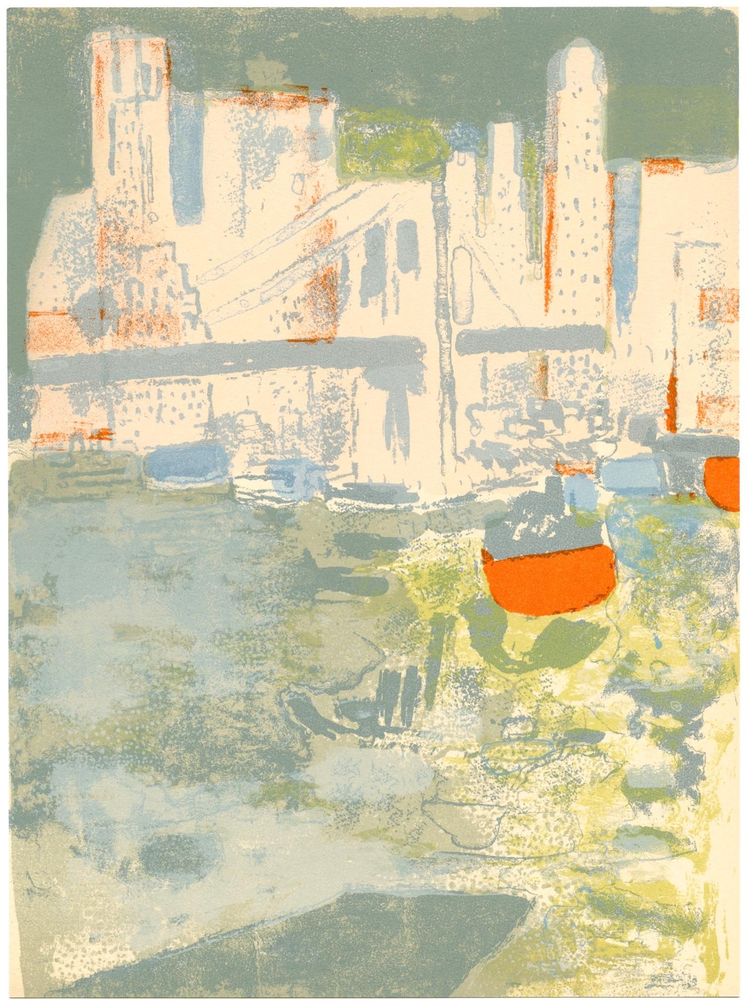 "Le port de New York" original lithograph - Print by Paul Guiramand