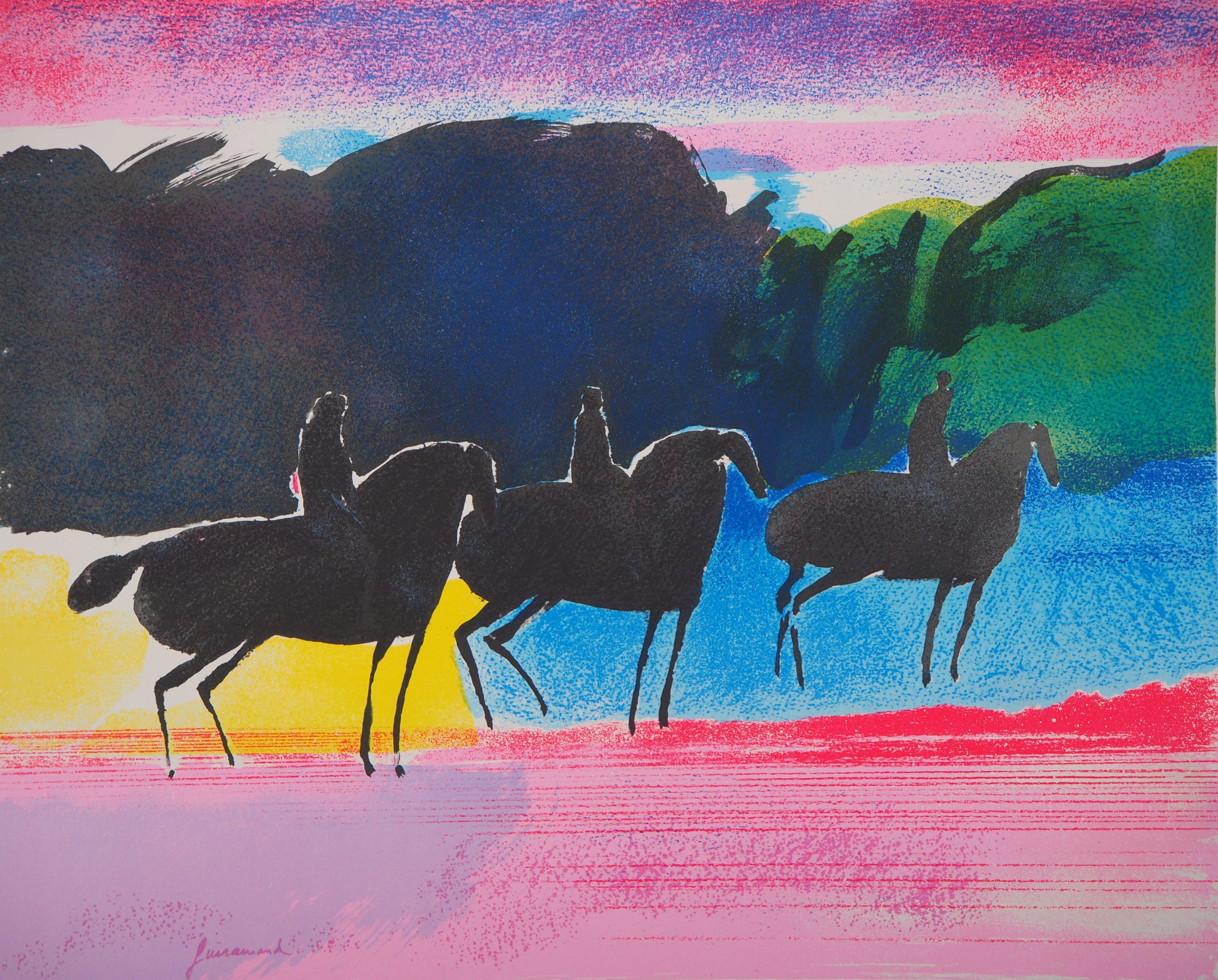 Spring : Three Horse Riders - Lithographie originale - Moderne Print par Paul Guiramand