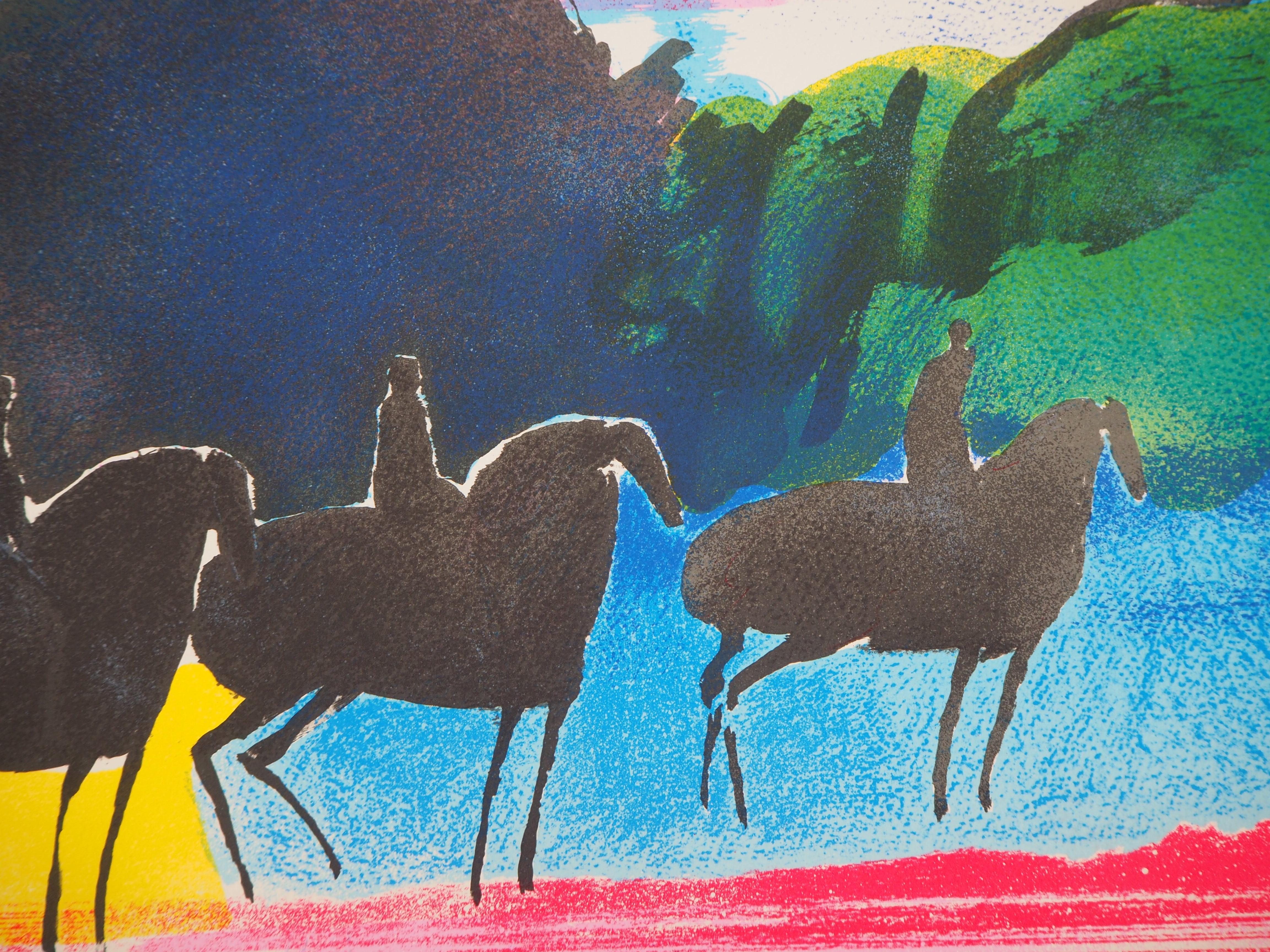 Spring : Three Horse Riders - Lithographie originale - Gris Landscape Print par Paul Guiramand