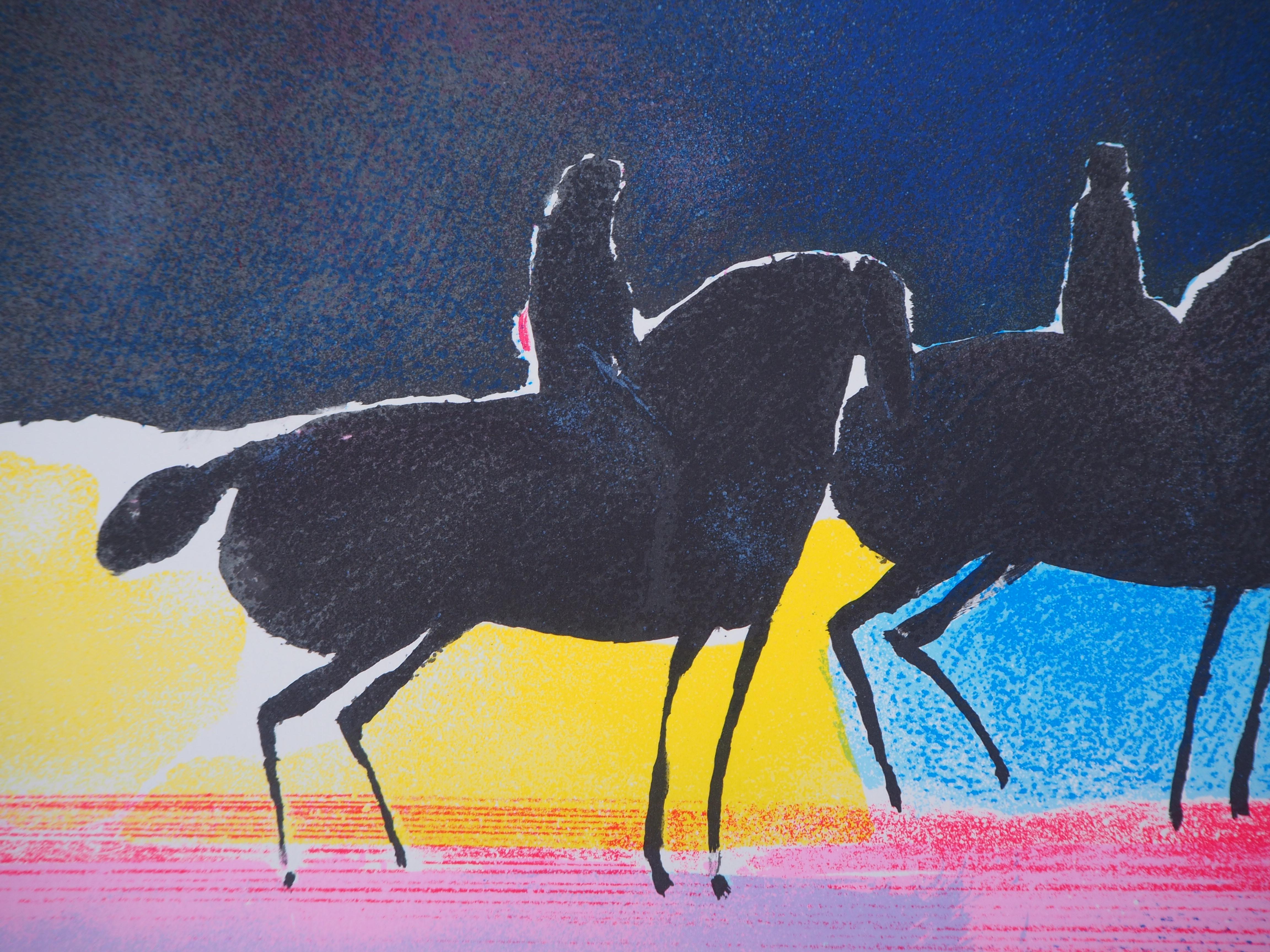Spring : Three Horse Riders - Original lithograph - Modern Print by Paul Guiramand