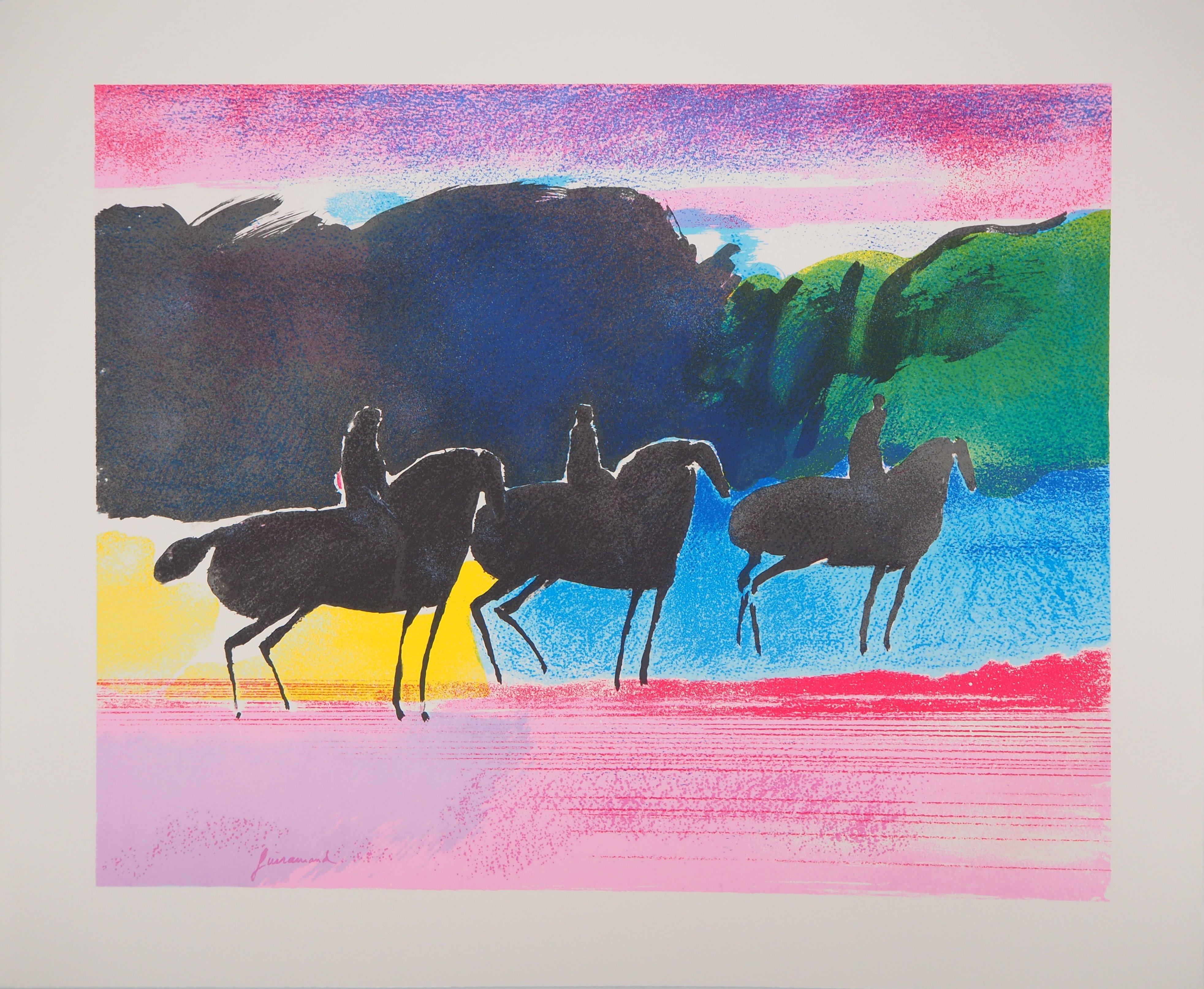 Landscape Print Paul Guiramand - Spring : Three Horse Riders - Lithographie originale