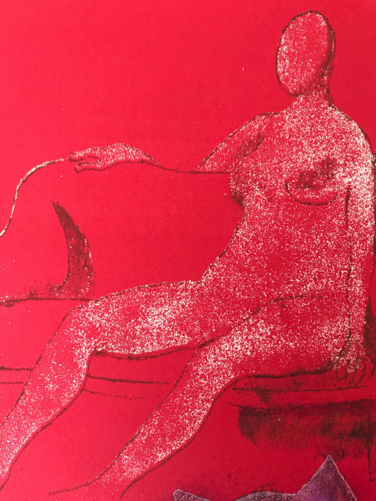 Untitled: Seated Female Nude with Bird and Cat  (Edition 30/120) - Red Figurative Print by Paul Guiramand