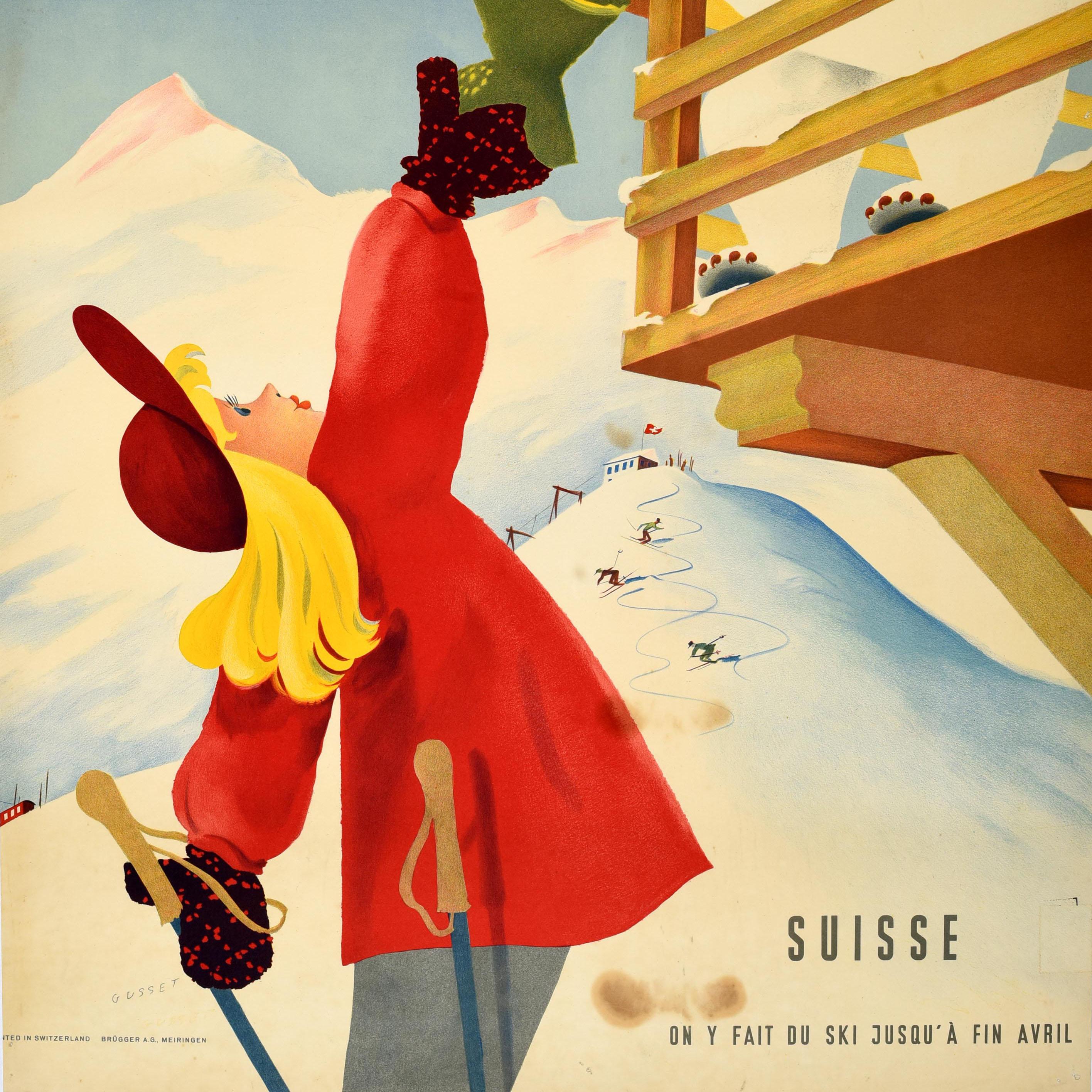 Original vintage winter sport travel poster for Berner Oberland Suisse on y fait du ski jusqu'a fin Avril / Bernese Oberland Switzerland skiing until the end of April featuring fun artwork by Paul Gusset (1909-1975) depicting a smiling white polar