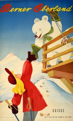 Original Vintage Winter Sport Travel Poster Berner Oberland Switzerland Bear
