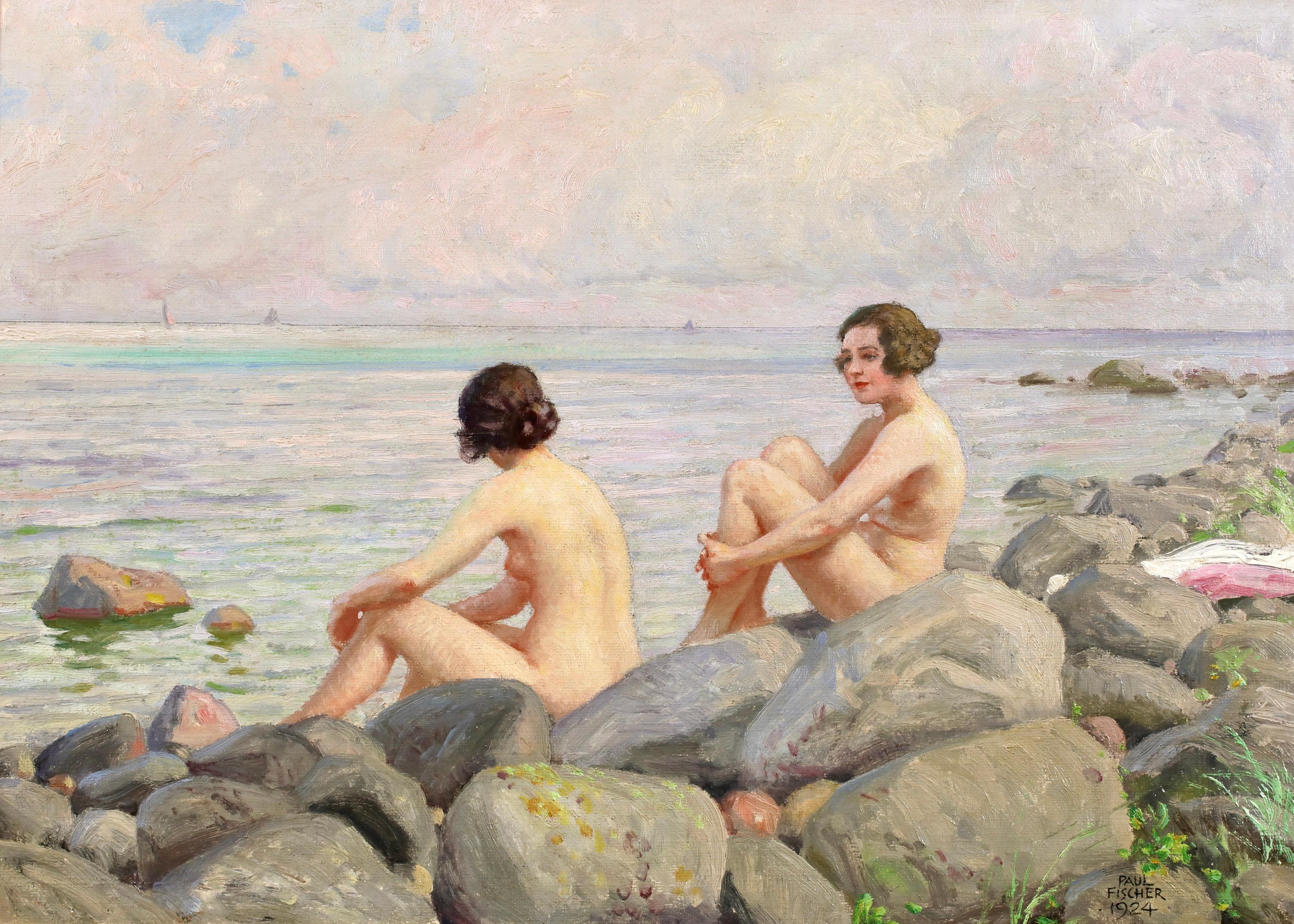 Bagnanti - Figure nude in un paesaggio Olio di Paul Gustave Fischer in vendita 1