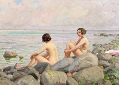 Bathers - Nude Figures in Landscape Oil by Paul Gustav Fischer