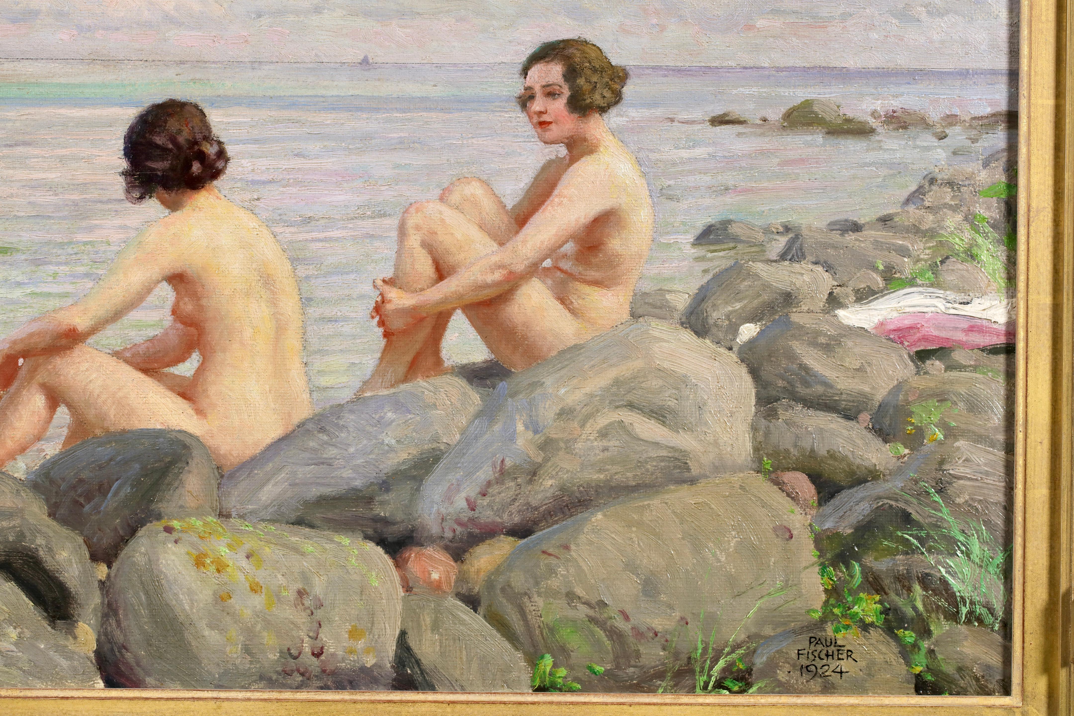 Bagnanti - Figure nude in un paesaggio Olio di Paul Gustave Fischer in vendita 2