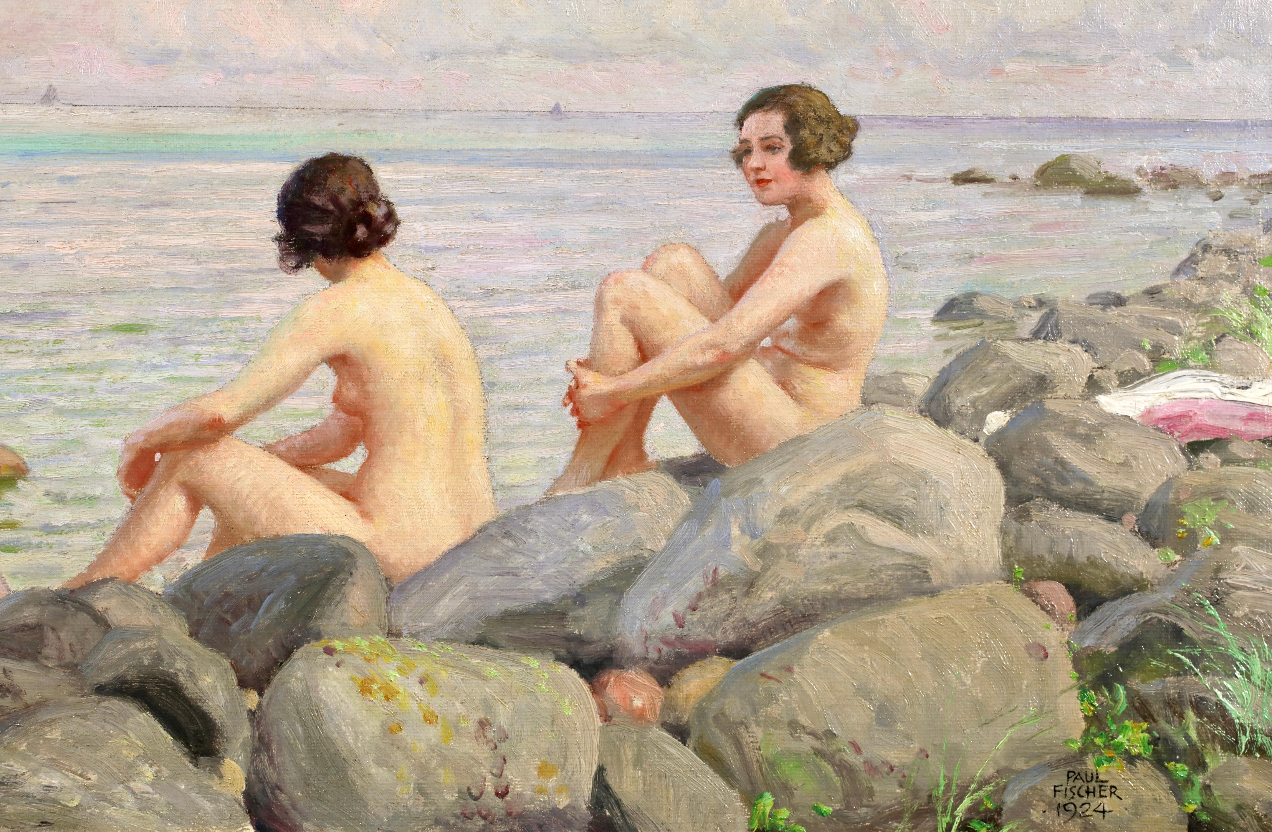 Bagnanti - Figure nude in un paesaggio Olio di Paul Gustave Fischer in vendita 3