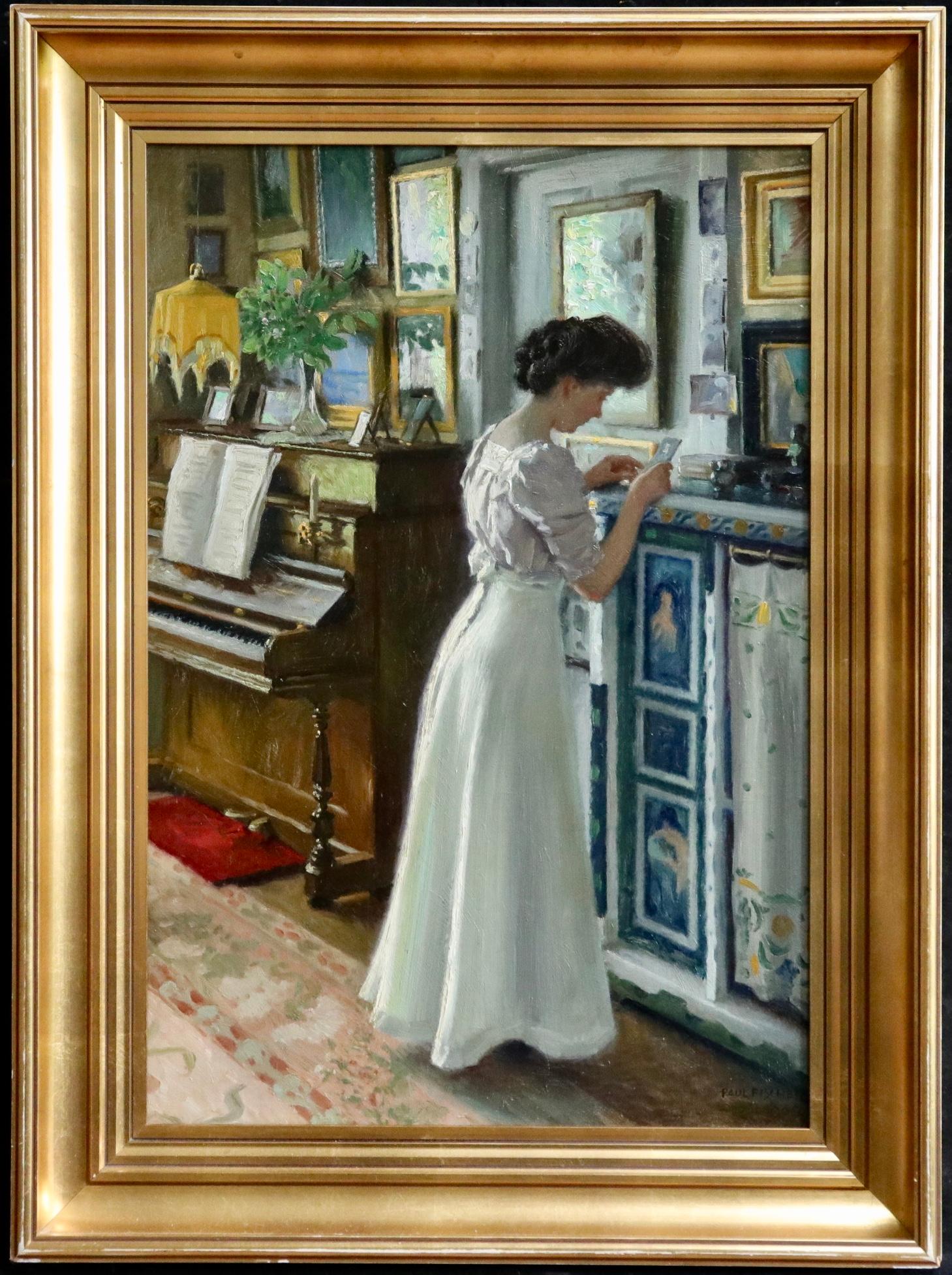 Harriet in the living room at Sofievej - Oil, Woman in Interior by Paul Fischer - Painting by Paul Gustave Fischer