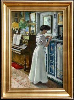 Harriet in the living room at Sofievej - Oil, Woman in Interior by Paul Fischer