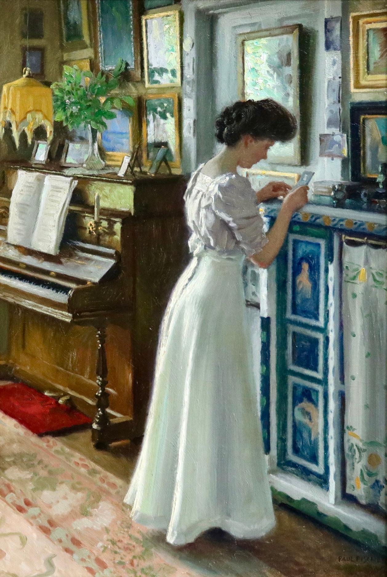Paul Gustave Fischer Figurative Painting - Harriet in the living room at Sofievej - Oil, Woman in Interior by Paul Fischer