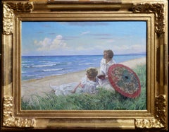 Red Parasol or Two Young Women on beach Danish painter Paul Gustav Fischer