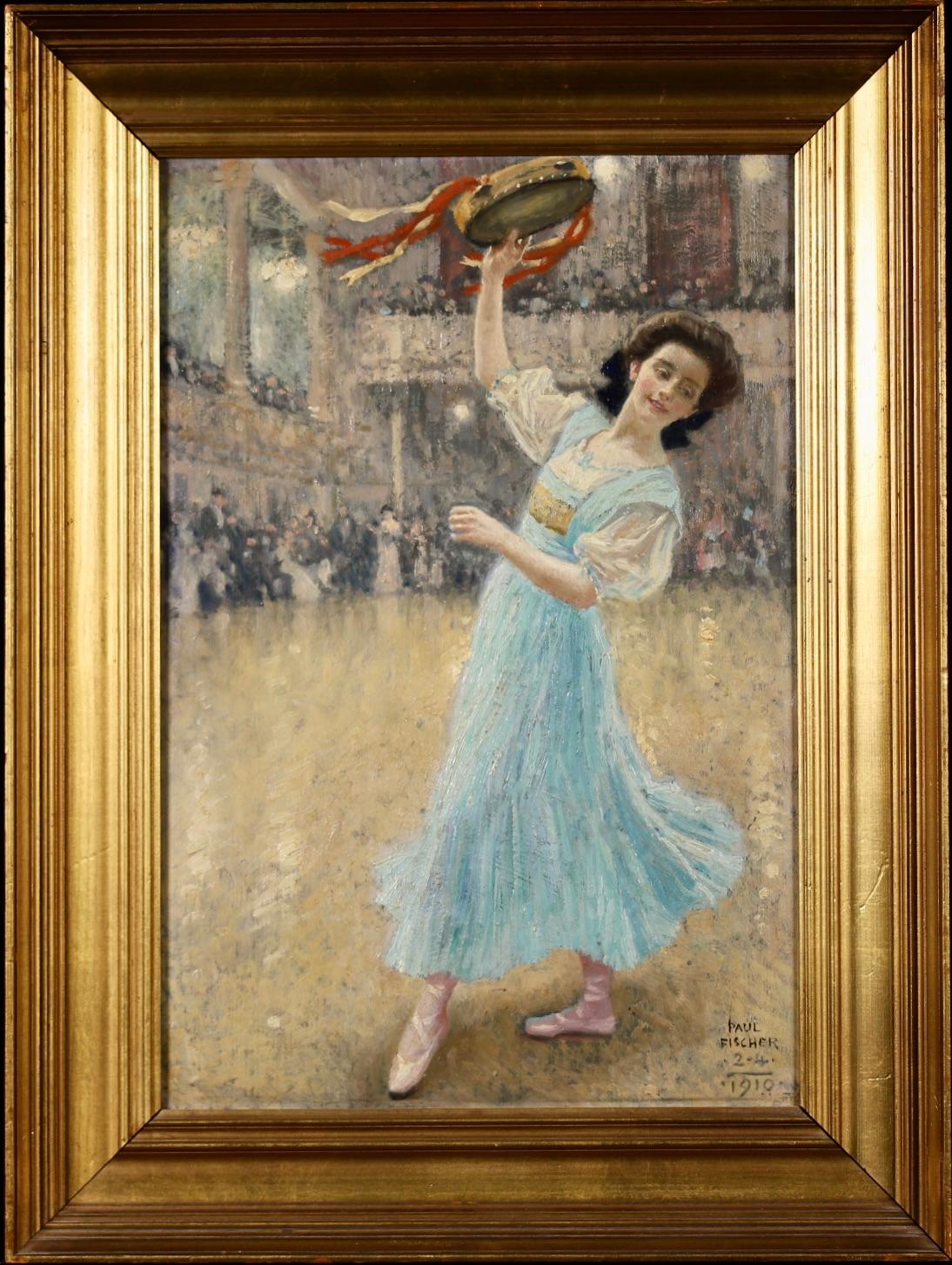 Showtime! - Realist Oil, Figure Dancing in Interior by Paul Gustav Fischer - Painting by Paul Gustave Fischer