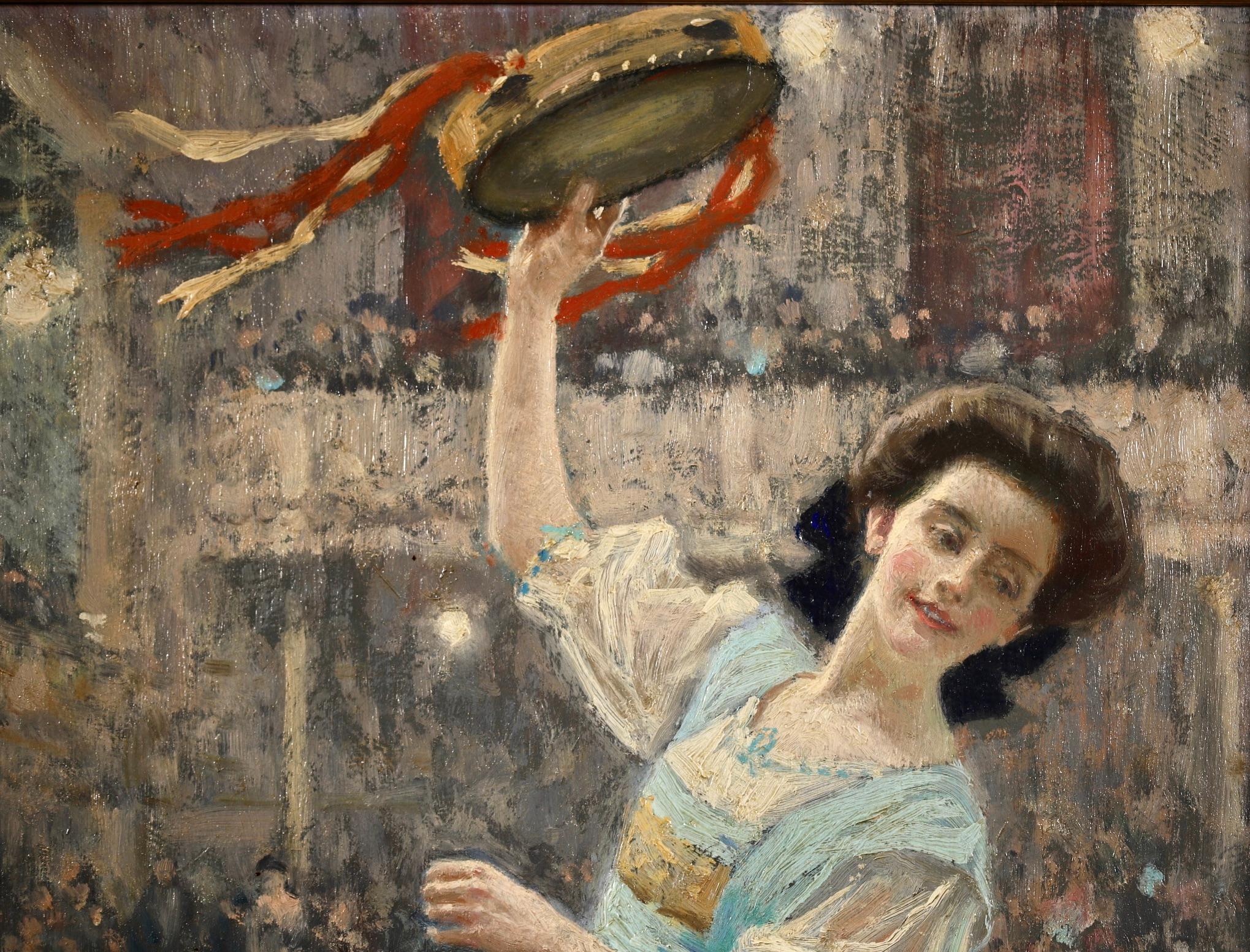 A simply beautiful oil on panel by Danish realist painter Paul Gustav Fischer. The work depicts a young woman wearing pink ballet shoes and a flowing blue dress performing a dance in a ballroom, a tambourine raised above her head and elegant men and