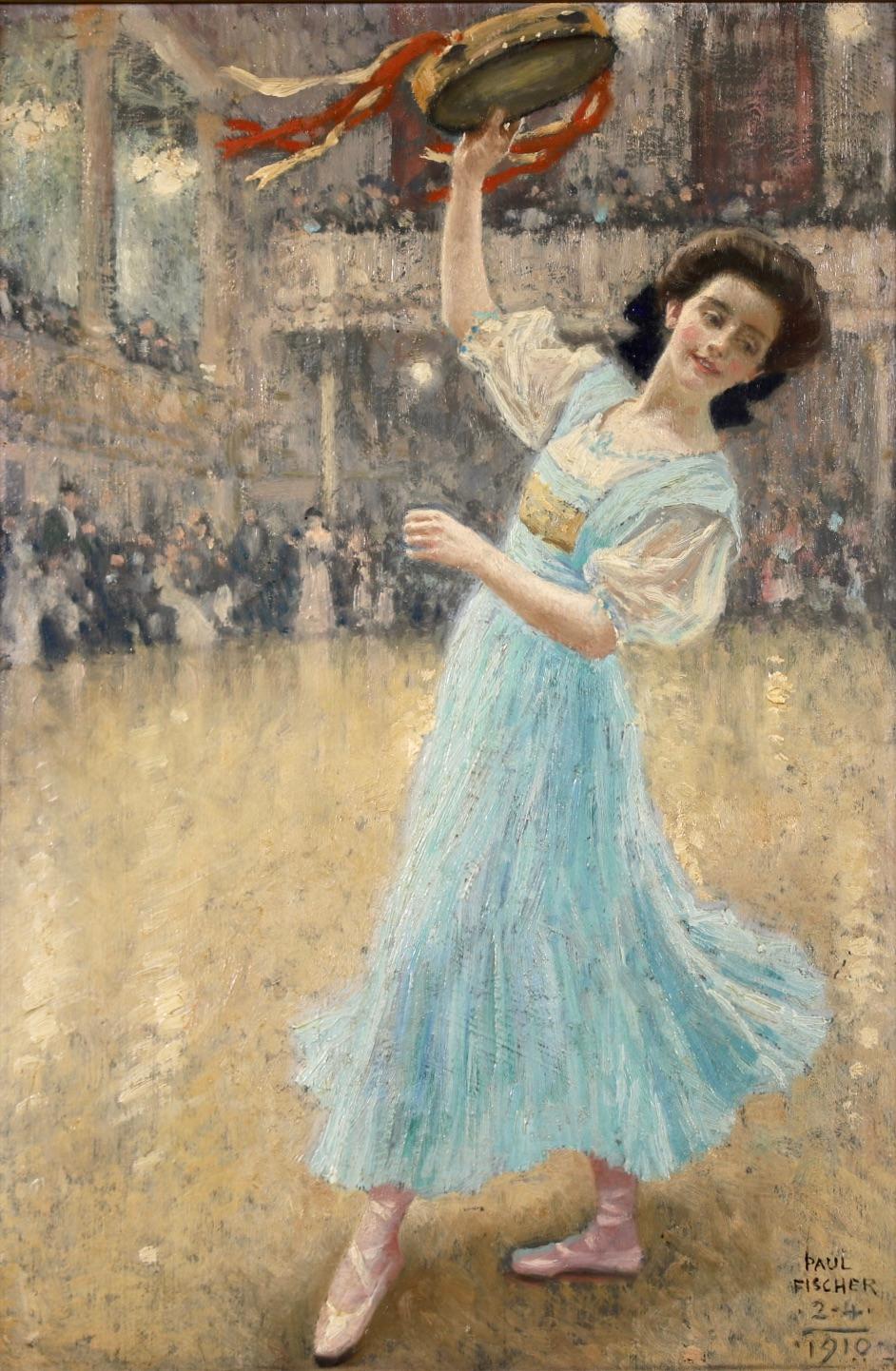 Paul Gustave Fischer Figurative Painting - Showtime! - Realist Oil, Figure Dancing in Interior by Paul Gustav Fischer