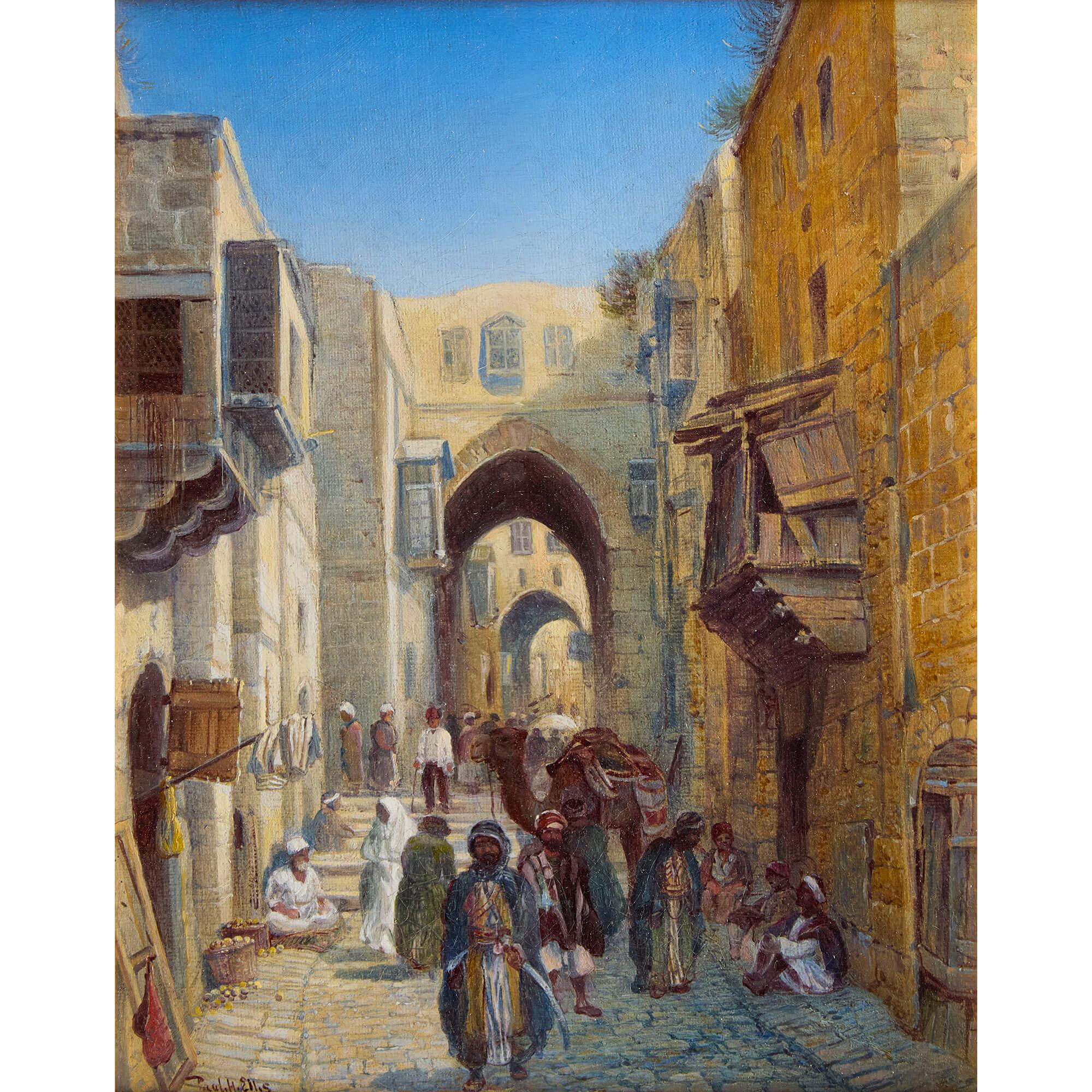 Pittura ad olio orientalista di una strada di Gerusalemme di Ellis - Painting di Paul H. Ellis