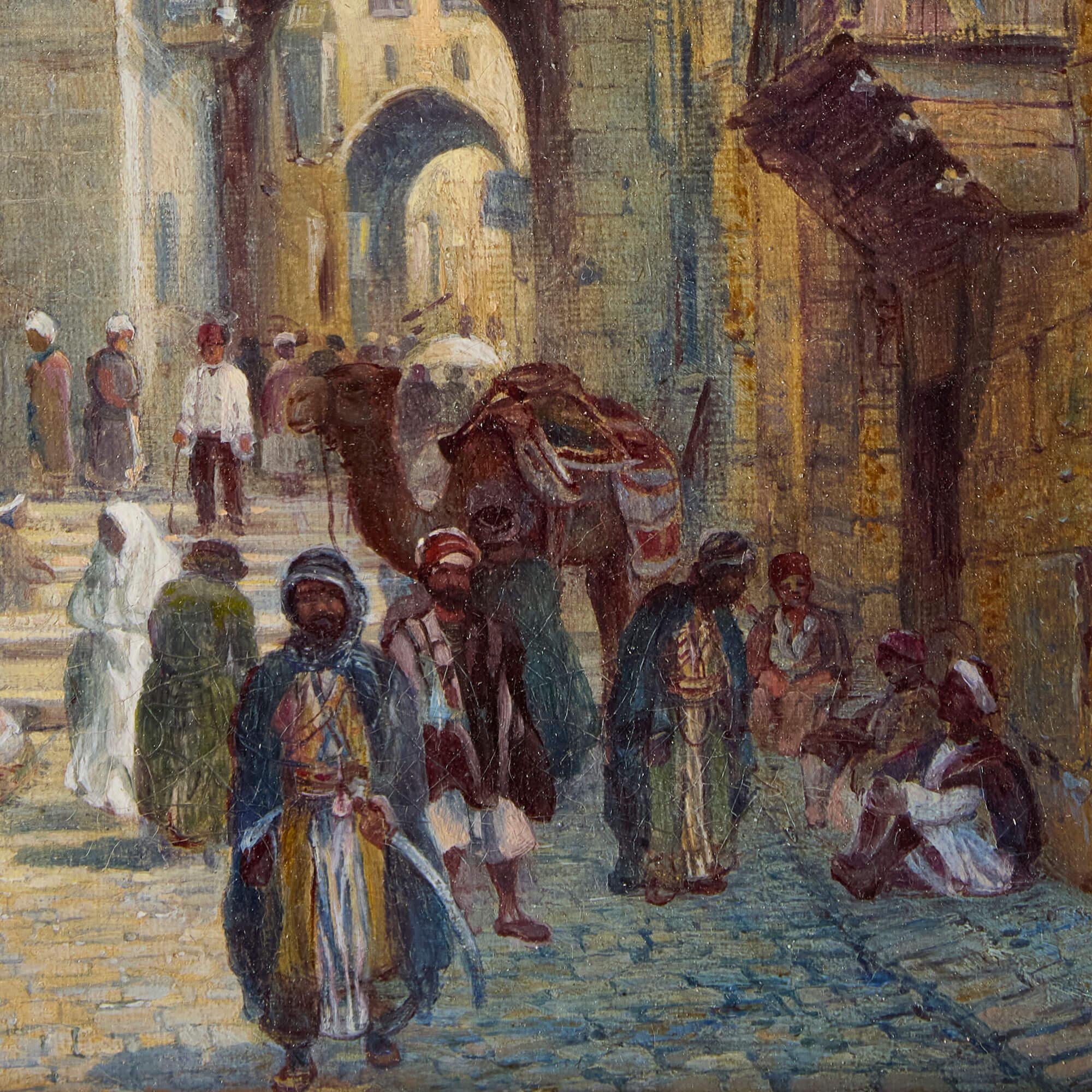 Pittura ad olio orientalista di una strada di Gerusalemme di Ellis - Figurative Painting Marrone di Paul H. Ellis