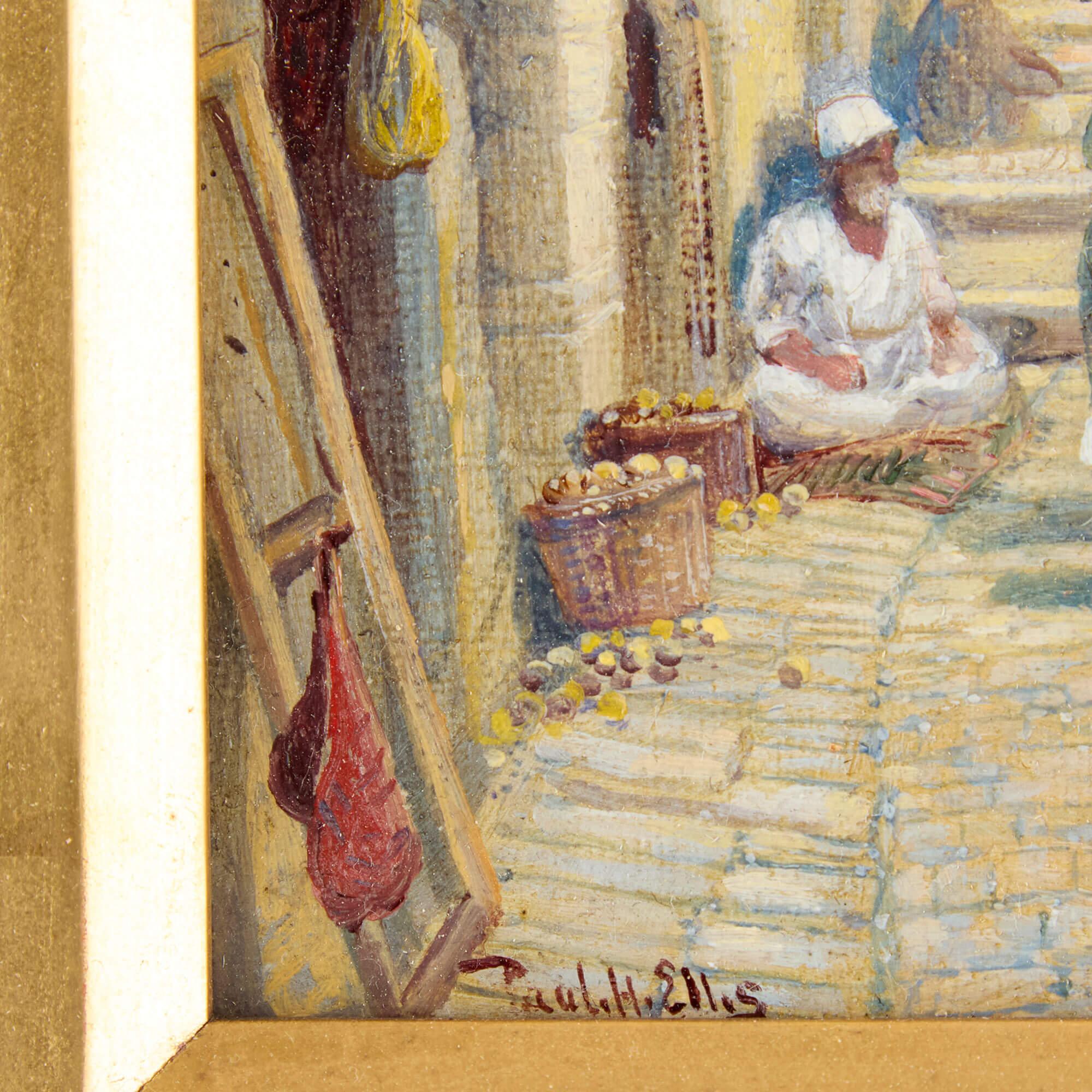 Dipinto a olio orientalista di una strada di Gerusalemme di Ellis 
Inglese, fine del XIX secolo 
Tela: Altezza 26 cm, larghezza 21 cm
Telaio: Altezza 46,5 cm, larghezza 41,5 cm, profondità 7 cm

Questa incantevole scena orientalista è opera