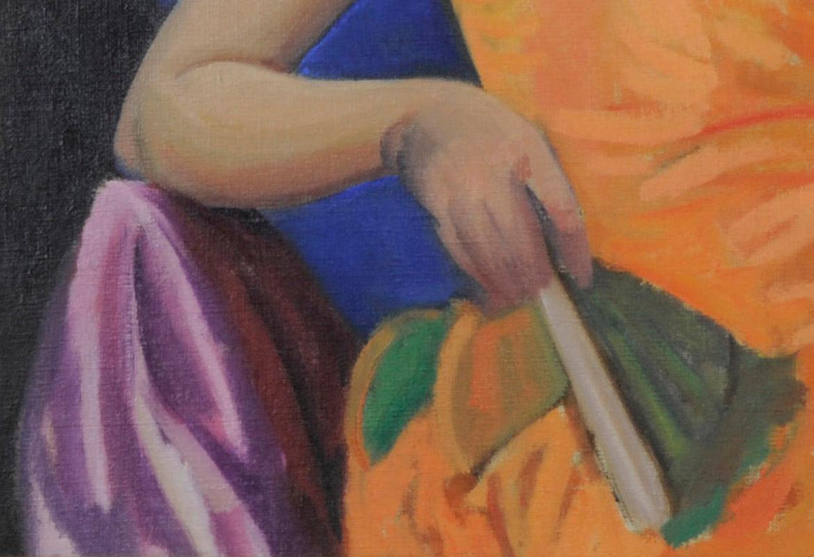 woman in orange dress painting