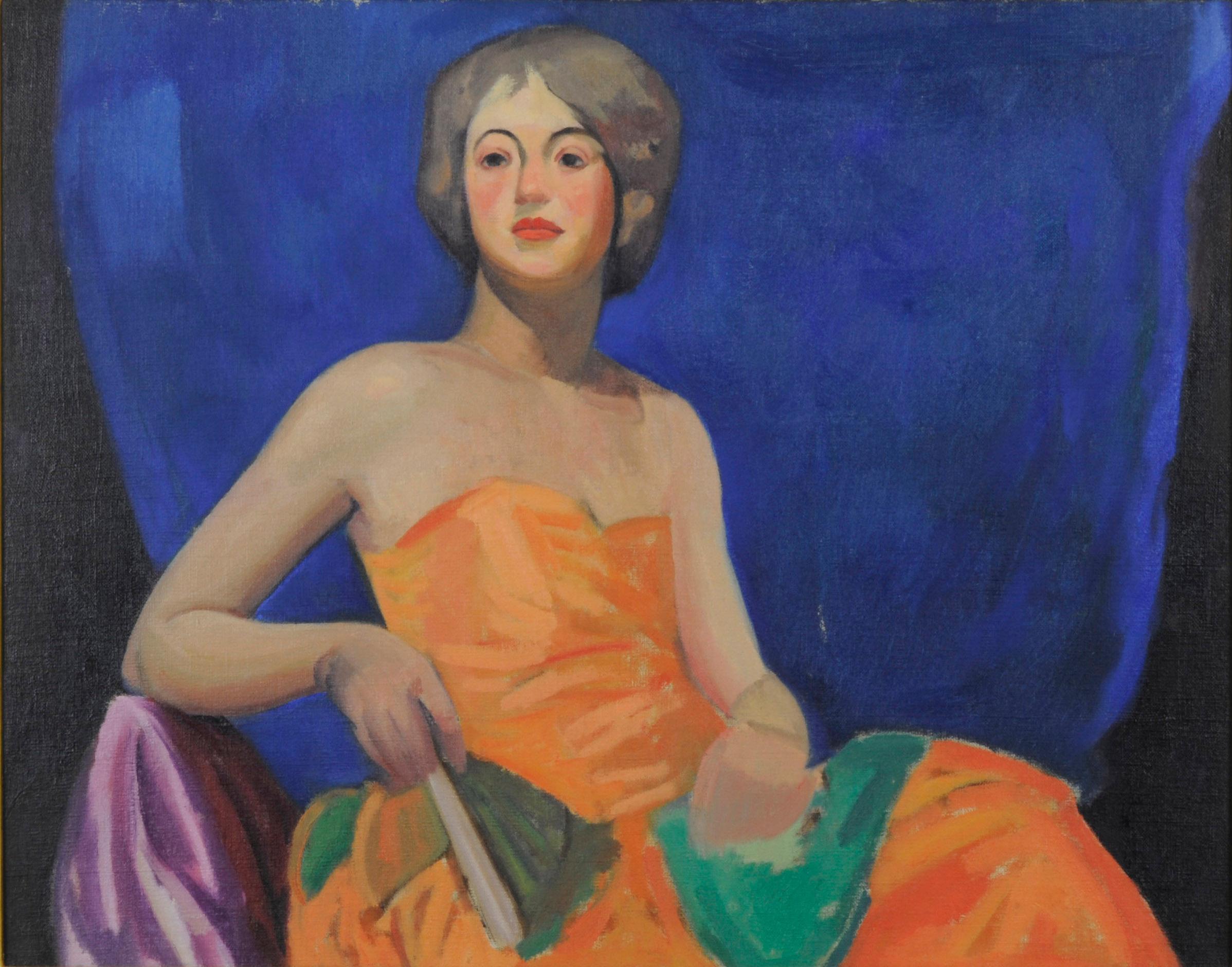 Deco Woman in Orange Dress
Oil on canvas, 1935
Unsigned
Provenance: Estate of the Artist
Canvas size: 22 x 28 inches
Frame size: 28 3/4 x 34 1/2 inches
Paul H. Winchell (1903 – 1971) was a printmaker, illustrator, teacher, and gilder according to