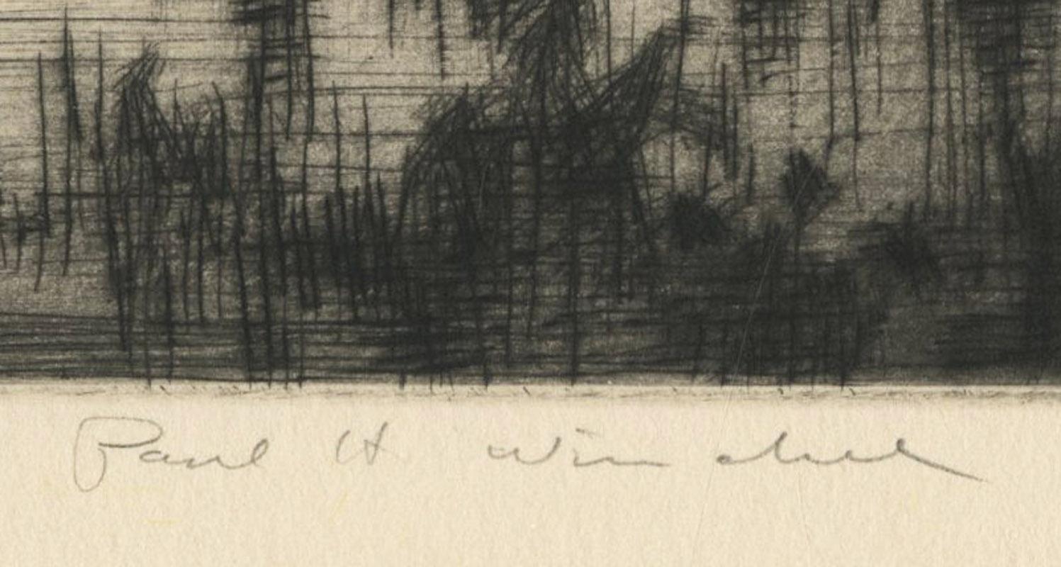 Dropping In
Drypoint, c. 1940
Signed lower right (see photo)
Titled lower left
Condition: Excellent
      Brown paper tape around the sheet edges from
      the printing and air drying of the sheet
Image/Plate size: 8 3/8 x 10 1/4 inches
Sheet size:
