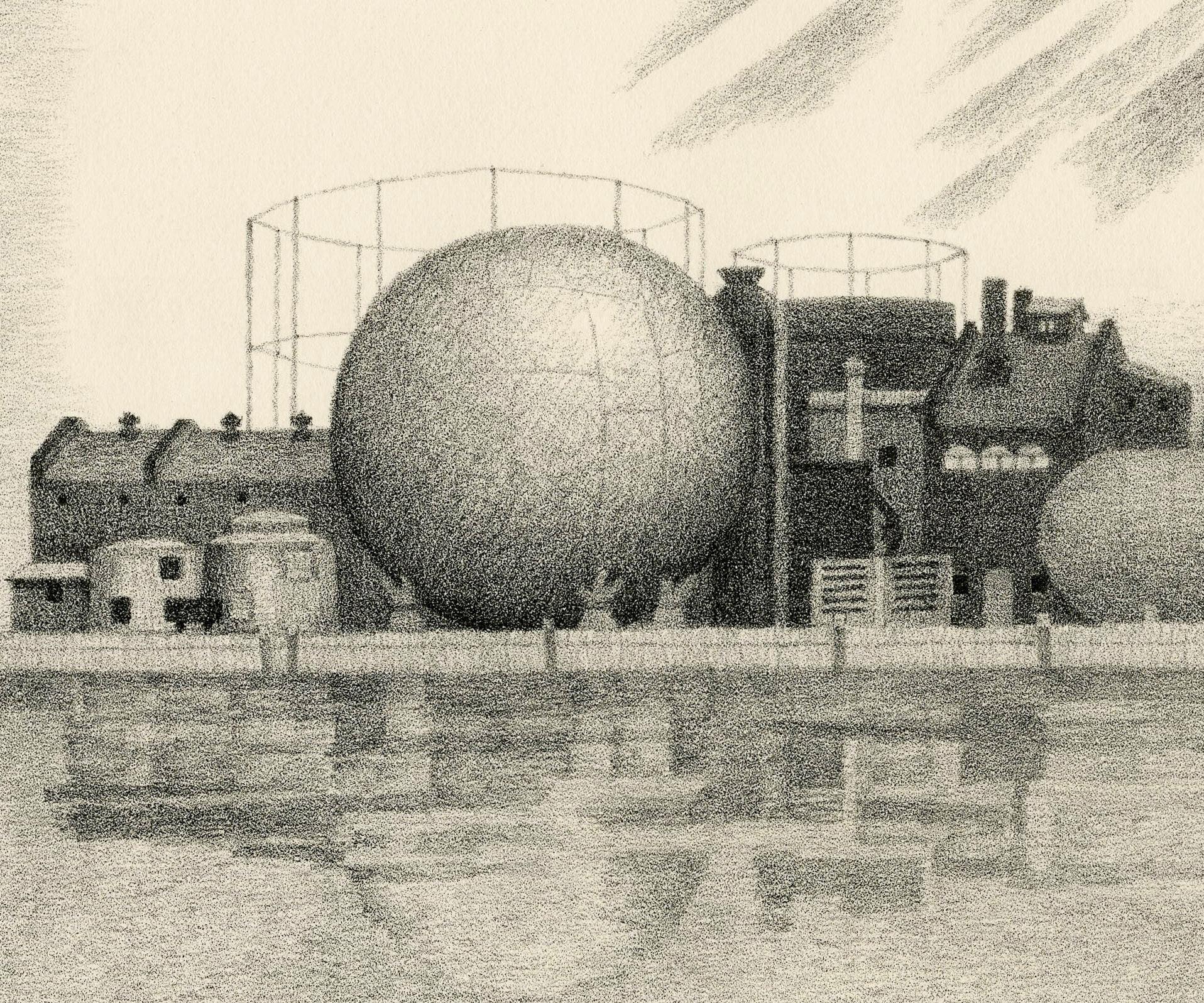 Refinery Scene - Beige Landscape Print by Paul H. Winchell