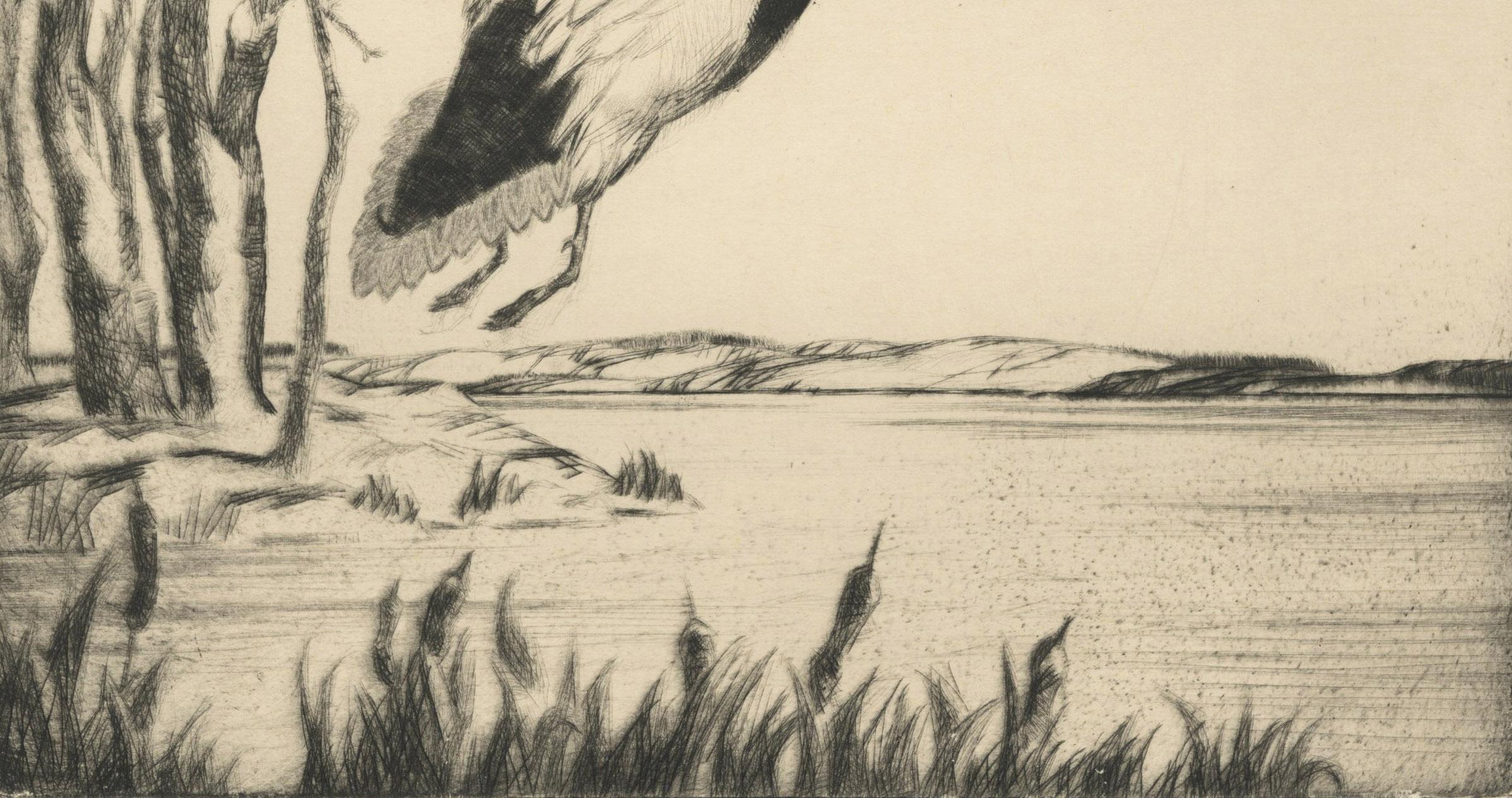 Ohne Titel (Drei Enten auf dem Weg zum Flug)
Kaltnadel, um 1940
Signiert unten rechts
Provenienz: Nachlass des Künstlers
                      Winchell Erben durch Abstammung
Zustand: Ausgezeichnet
Bild-/Plattengröße: 10 1/2 x 8 1/4 Zoll
Blattgröße: