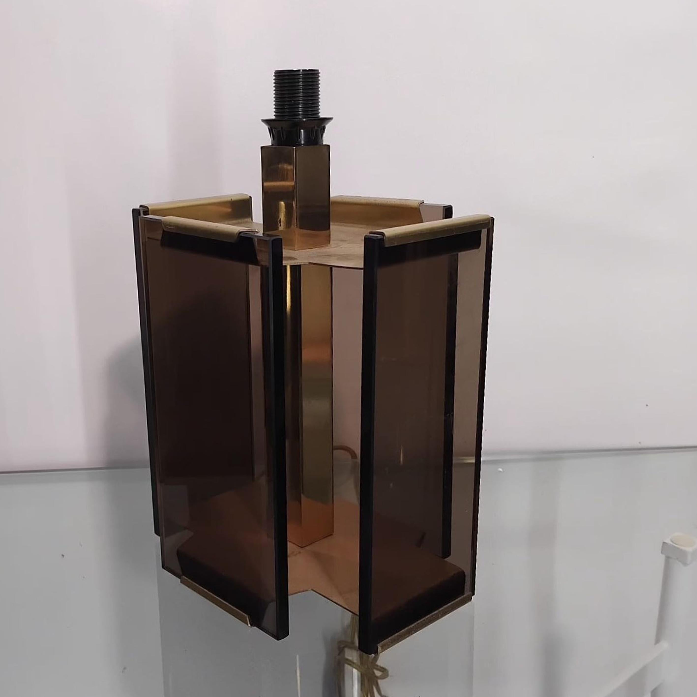 Italian Paul Hanson Brass & Smoked Glass Table Lamp by Fratelli Melani, Italy 1970s For Sale