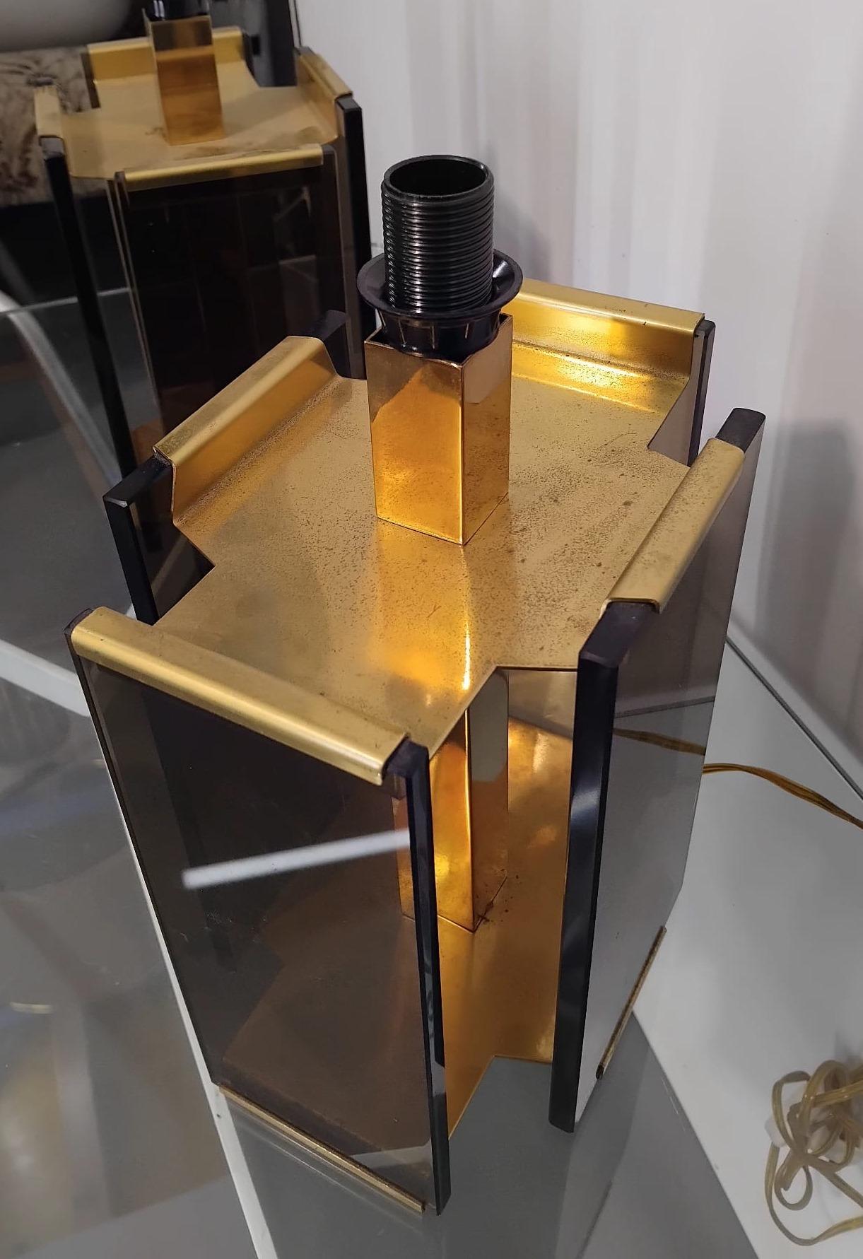 Late 20th Century Paul Hanson Brass & Smoked Glass Table Lamp by Fratelli Melani, Italy 1970s For Sale