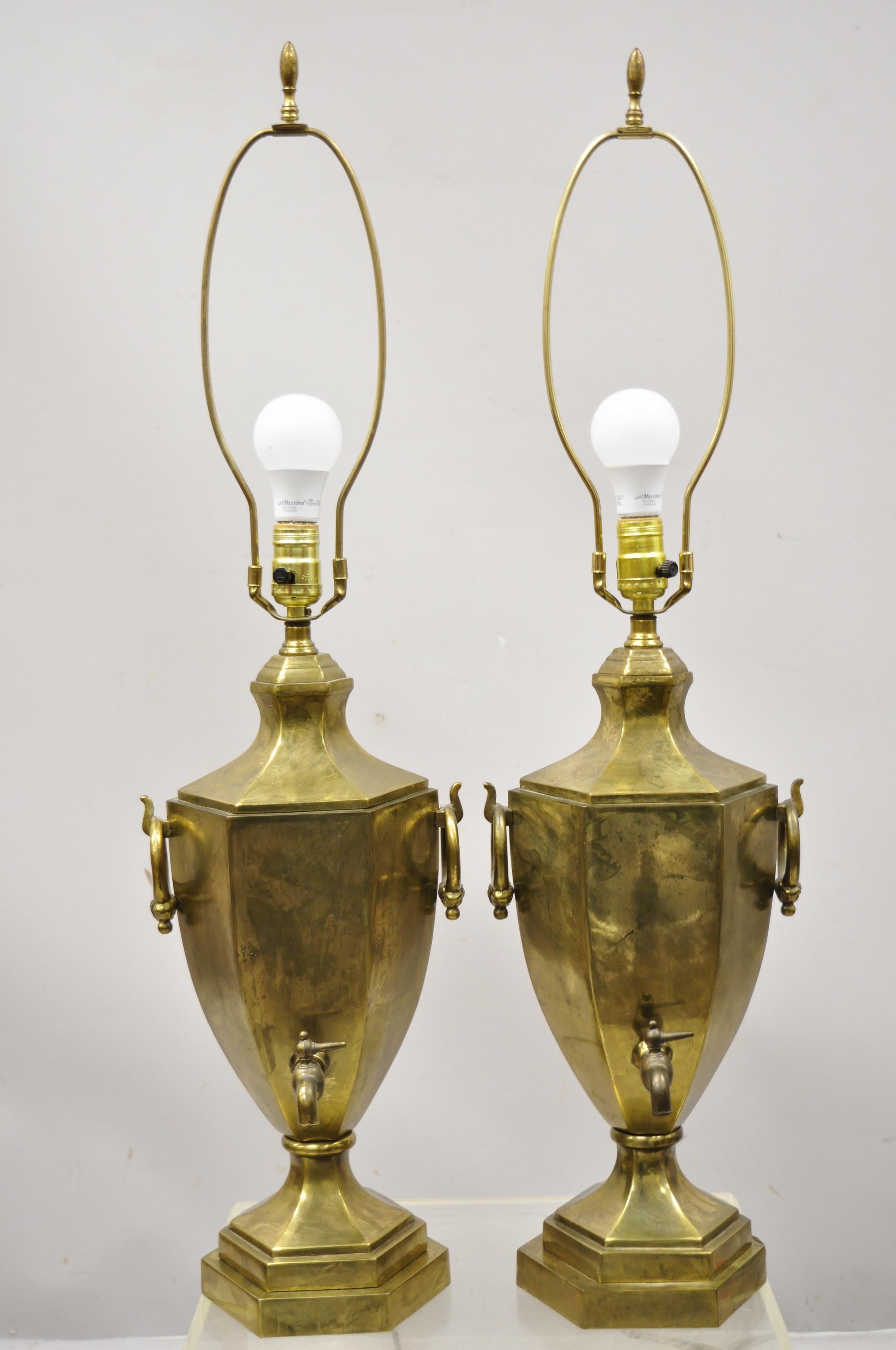 Paul Hanson burnished brass samovar urn form table lamps with shades - a pair. Item features urn form bodies, brown 