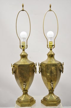 Paul Hanson Burnished Brass Samovar Urn Form Table Lamps with Shades - a Pair