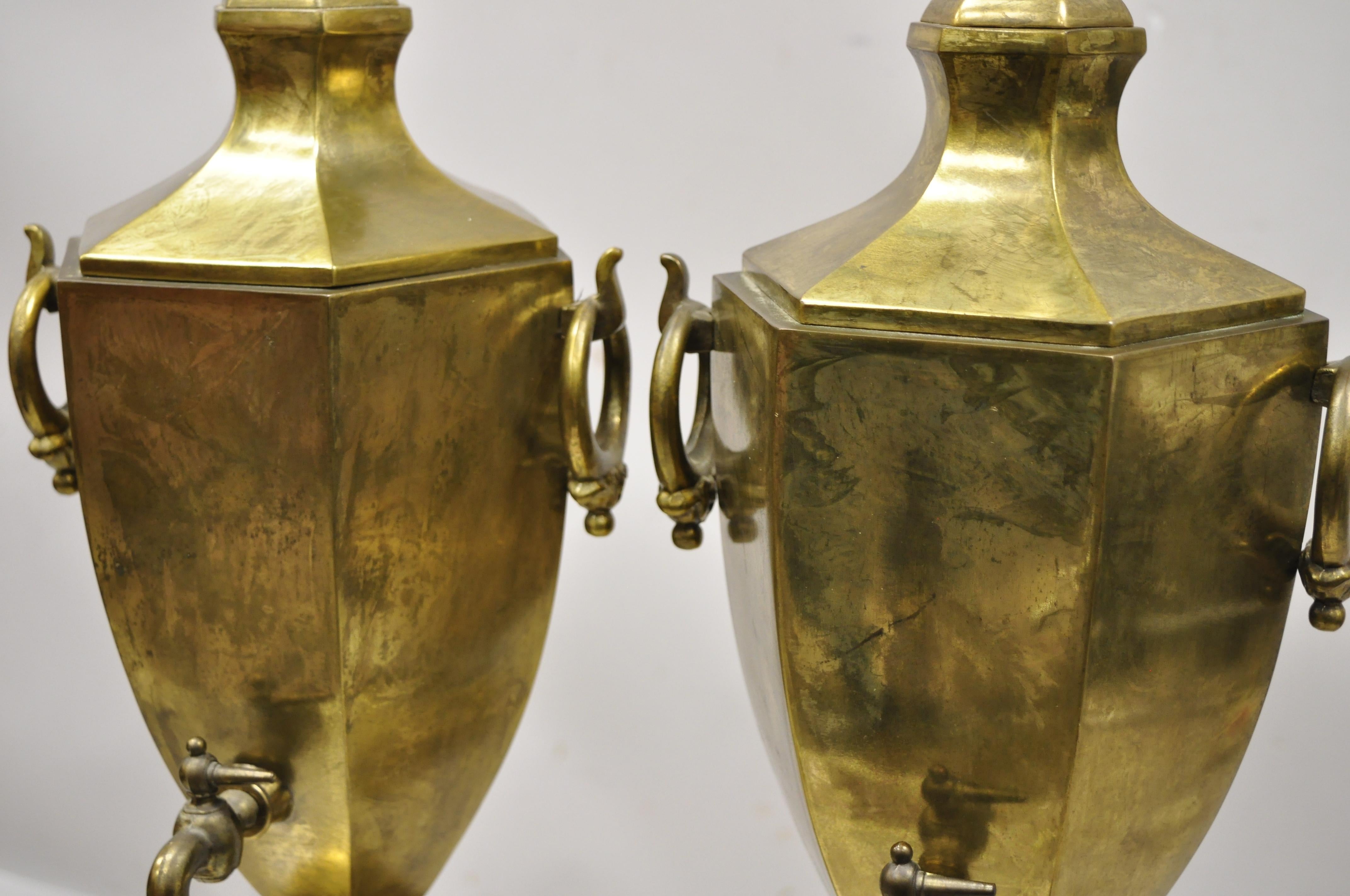 Paul Hanson Burnished Brass Samovar Urn Form Table Lamps with Shades - a Pair In Good Condition For Sale In Philadelphia, PA