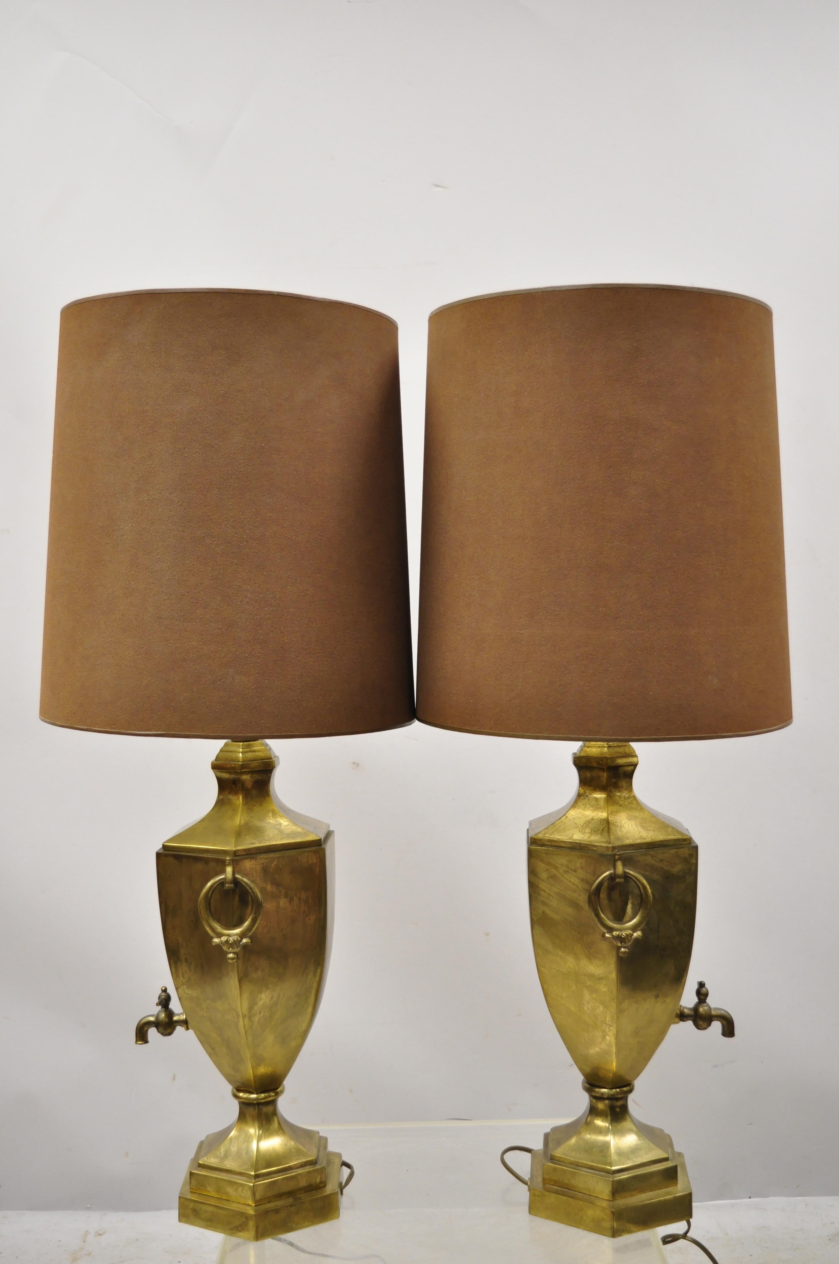 20th Century Paul Hanson Burnished Brass Samovar Urn Form Table Lamps with Shades - a Pair For Sale