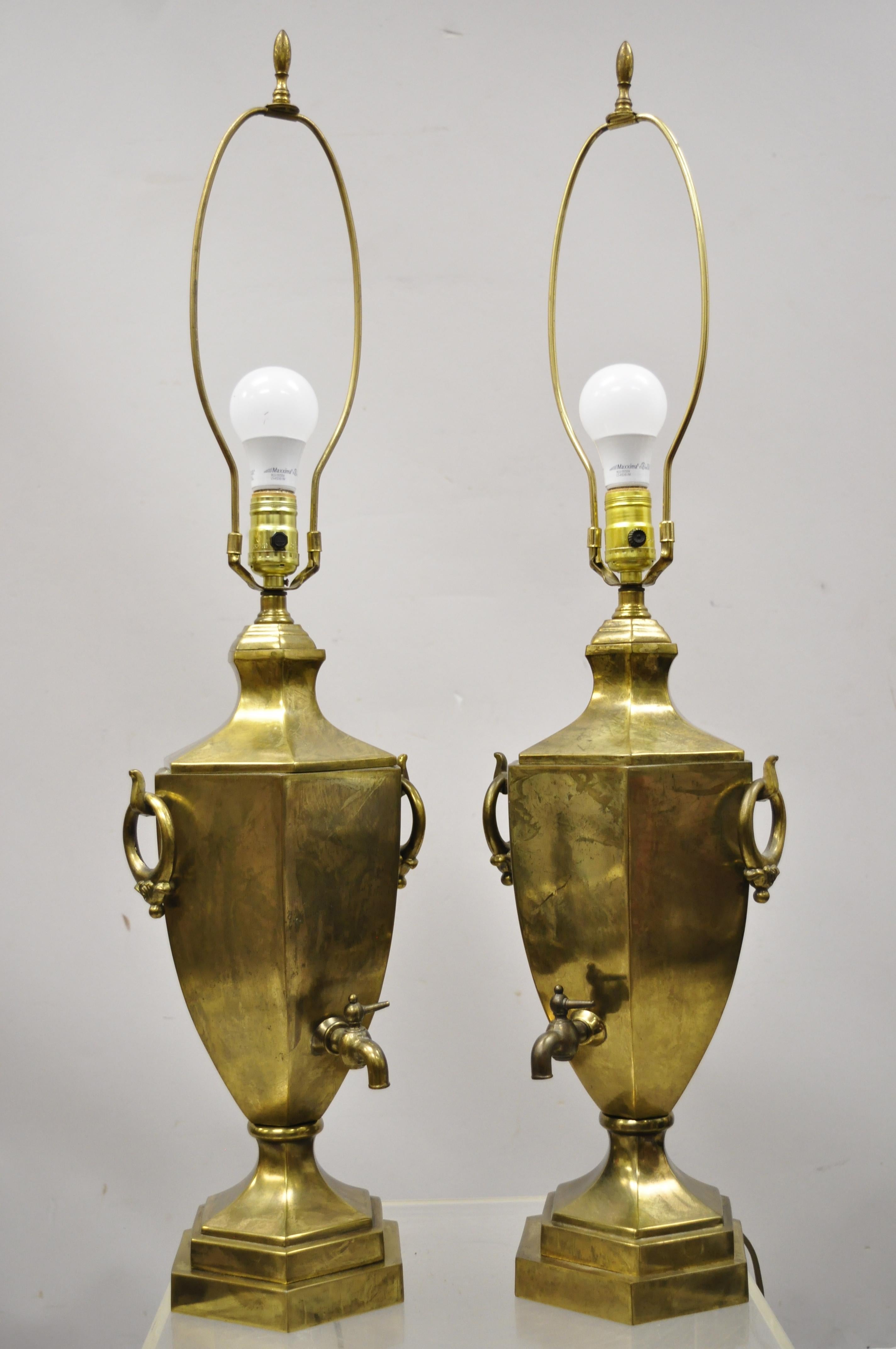 Paul Hanson Burnished Brass Samovar Urn Form Table Lamps with Shades - a Pair For Sale 2