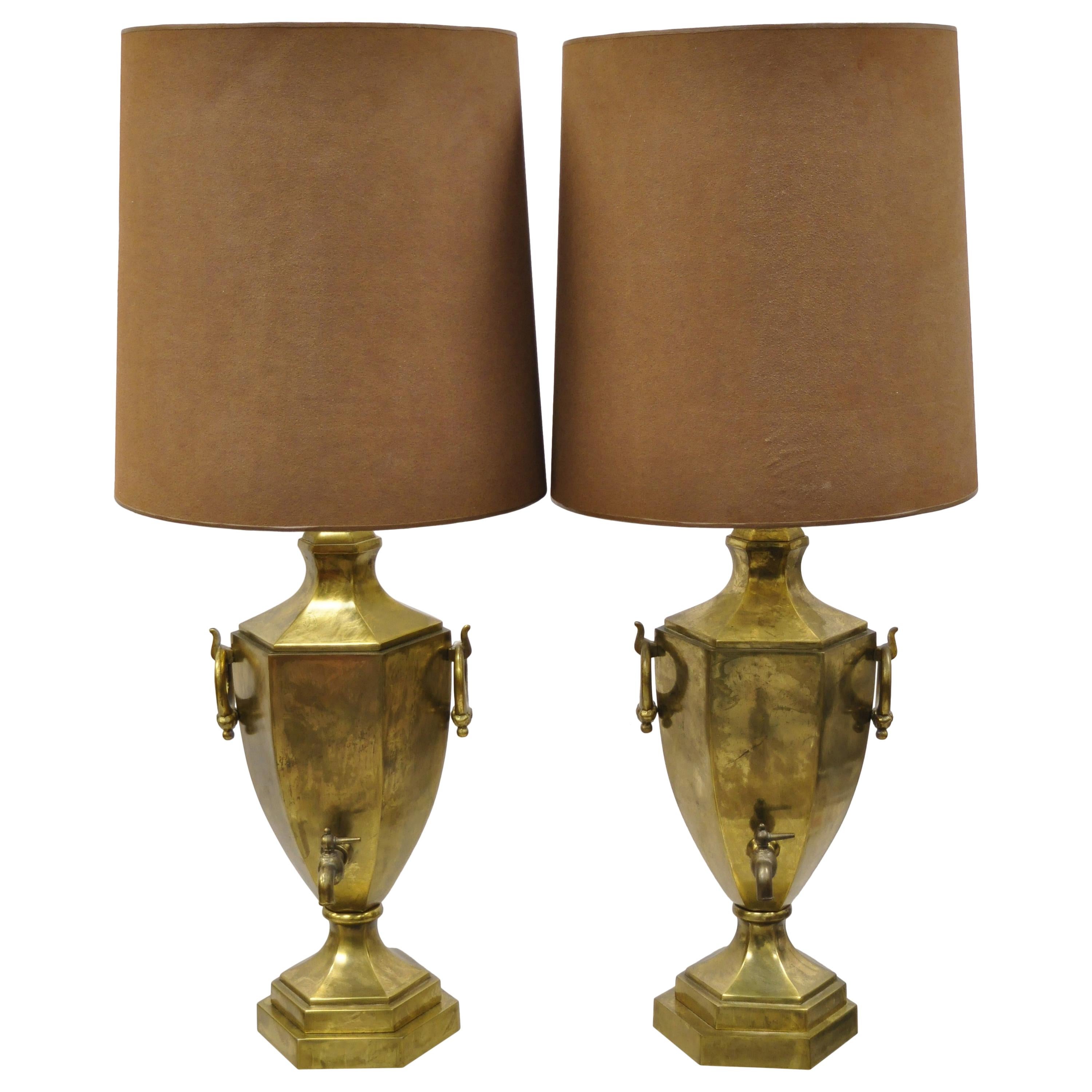 Paul Hanson Burnished Brass Samovar Urn Form Table Lamps with Shades - a Pair