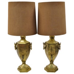 Antique Paul Hanson Burnished Brass Samovar Urn Form Table Lamps with Shades - a Pair