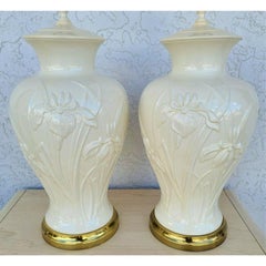 Paul Hanson Ceramic Lamps with Embossed Iris Flowers Pair