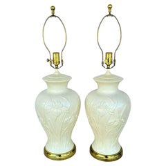 Paul Hanson Ceramic Lamps with Embossed Iris Flowers Pair