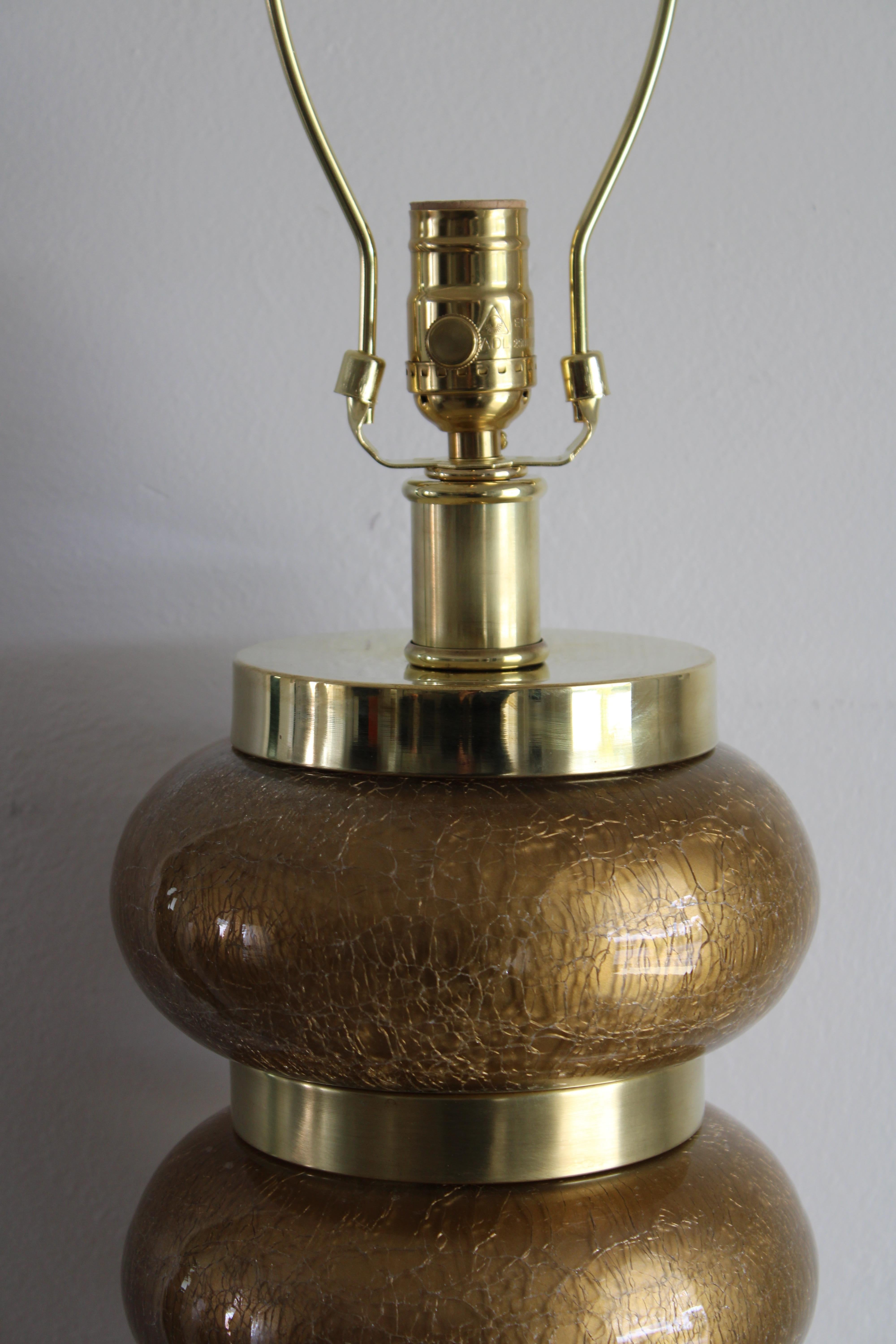Mid-20th Century Paul Hanson Crackle Glass and Brass Table Lamp For Sale