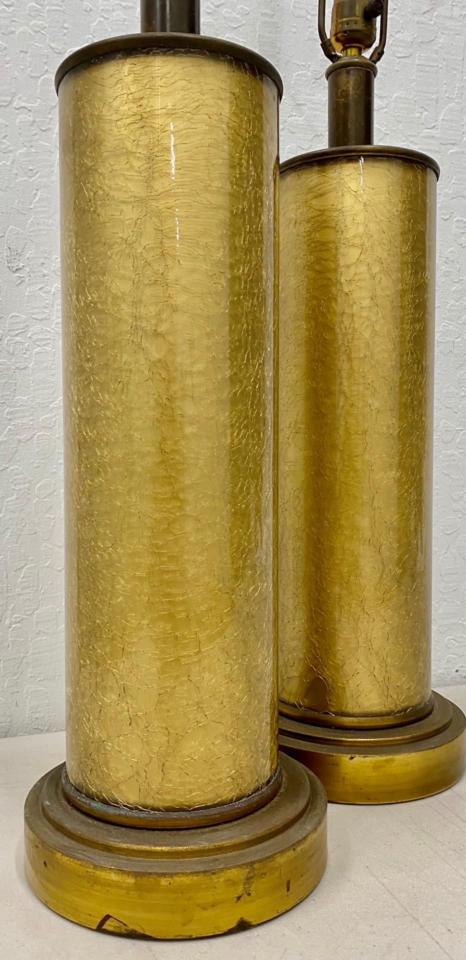 American Paul Hanson Crackled 'Foil' Glass Lamps with Original Shades, circa 1950