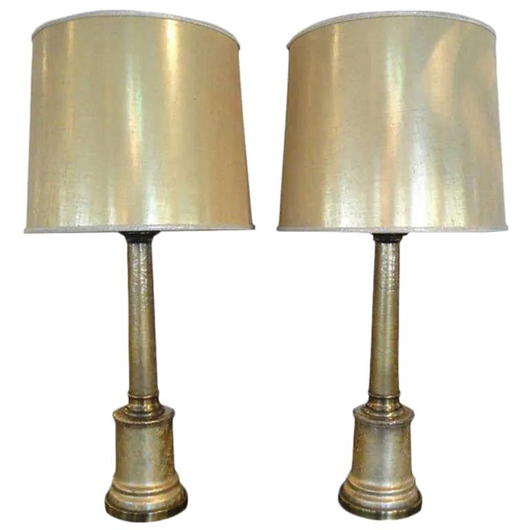 Paul Hanson Gold Crackalure Reverse Glass Table Lamps, a Pair