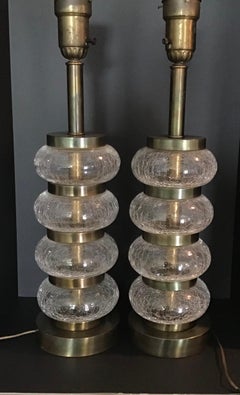 Paul Hanson Pair Crackle Glass Lamps with brass accents circa 1950s