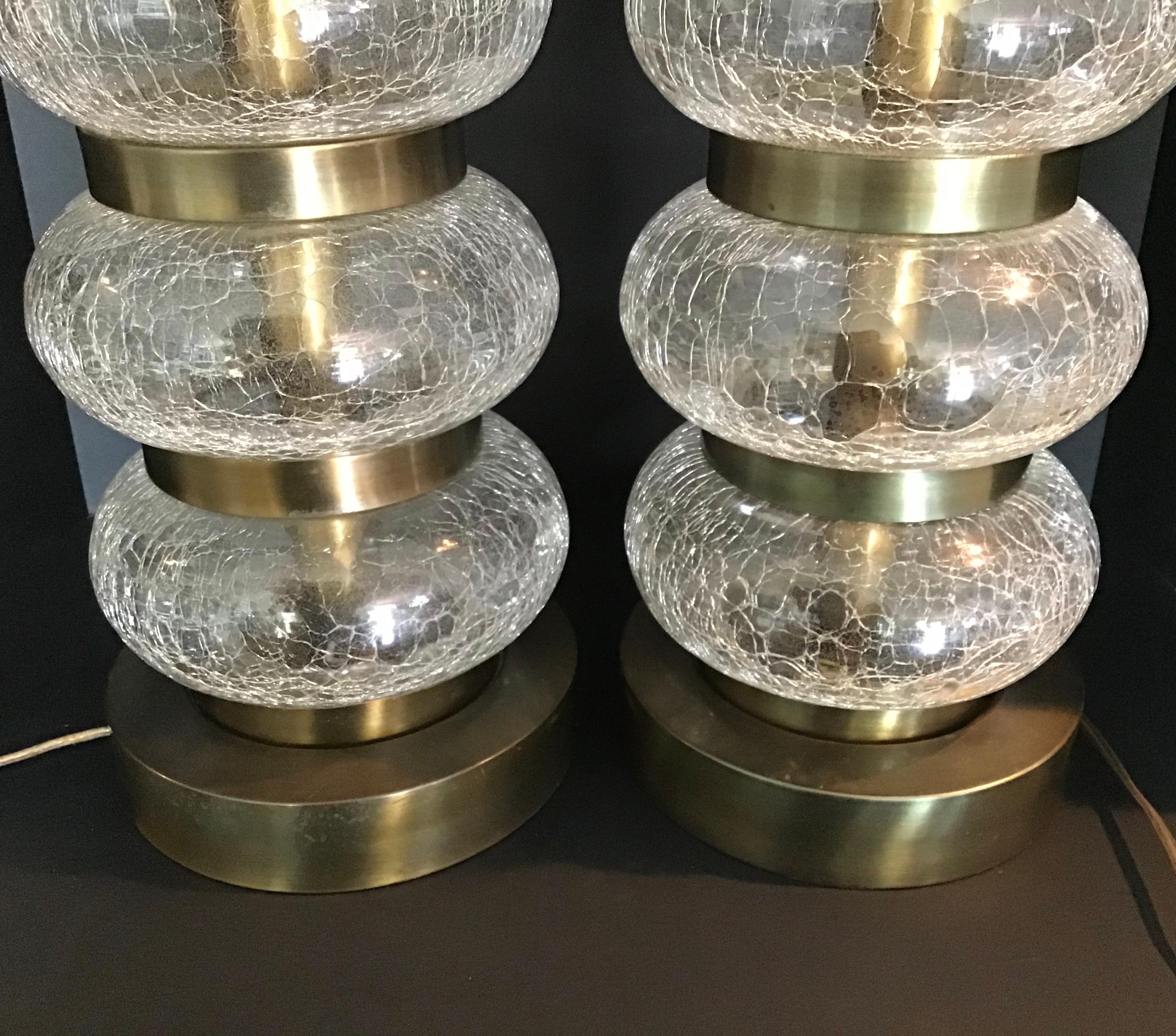 Mid-Century Modern Paul Hanson Pair Crackle Glass Lamps with brass accents circa 1950s For Sale