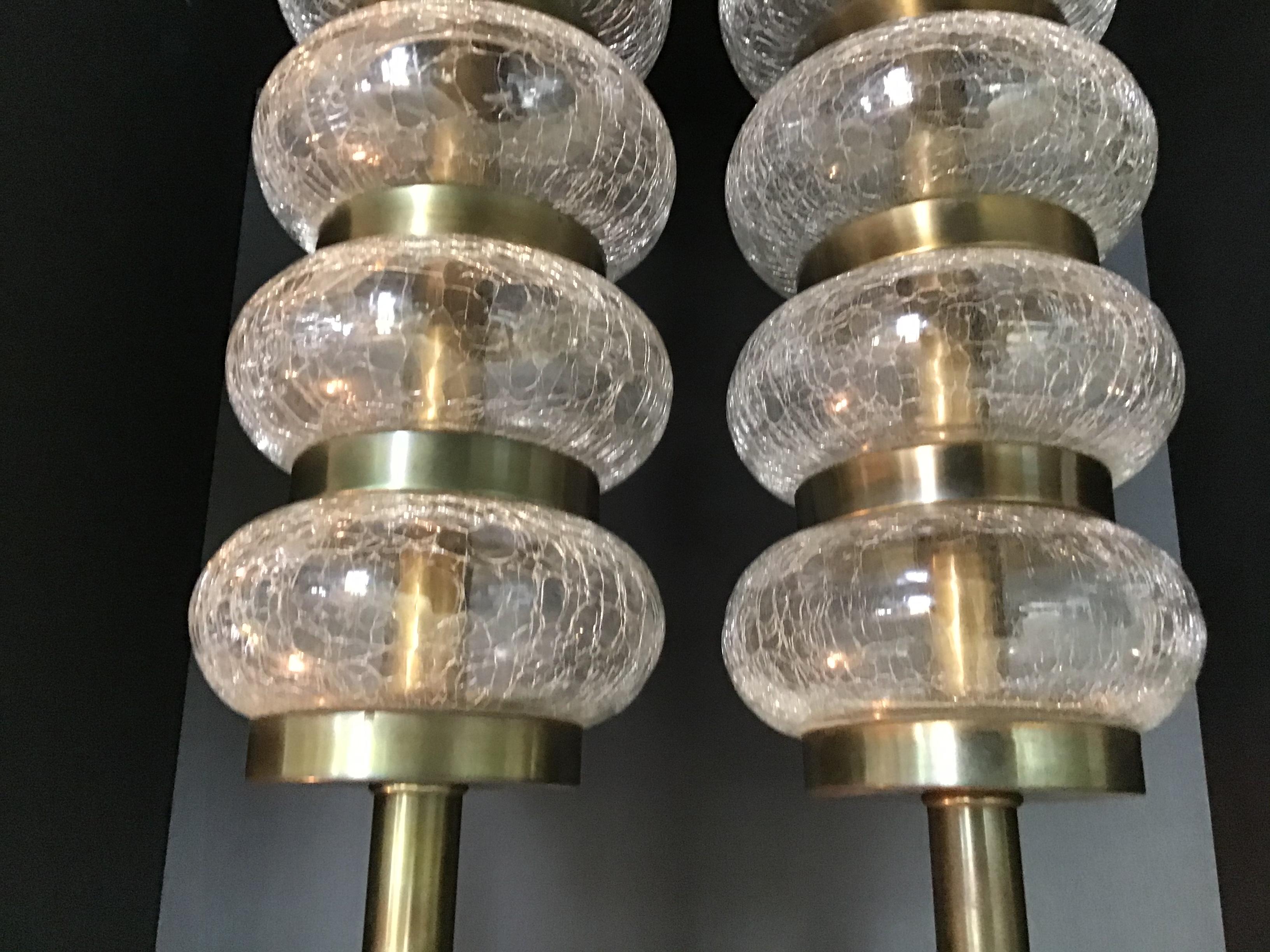 American Paul Hanson Pair Crackle Glass Lamps with brass accents circa 1950s For Sale